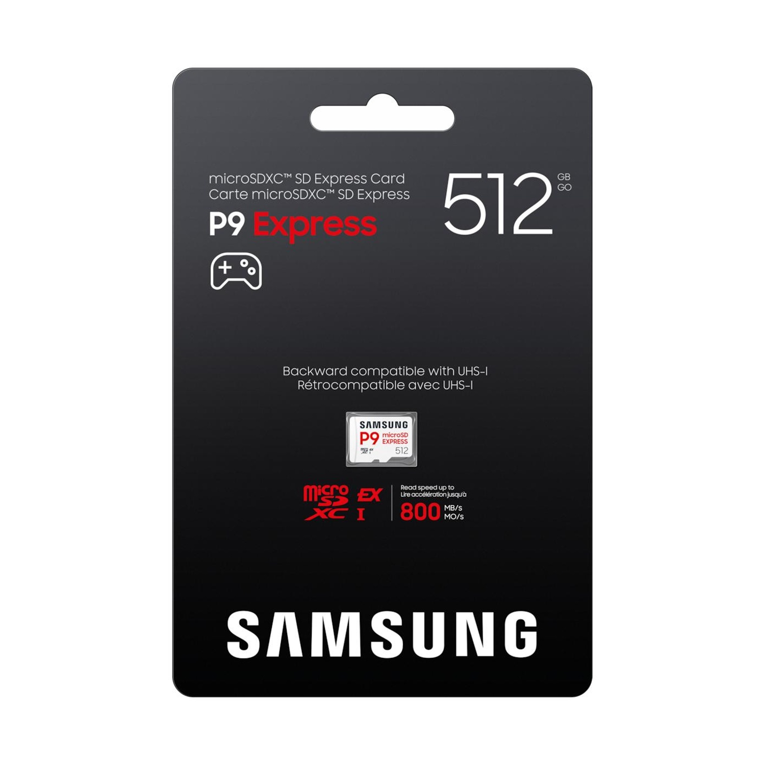 Confezione scheda Samsung 512GB microSDXC SD Express con dettagli velocità.