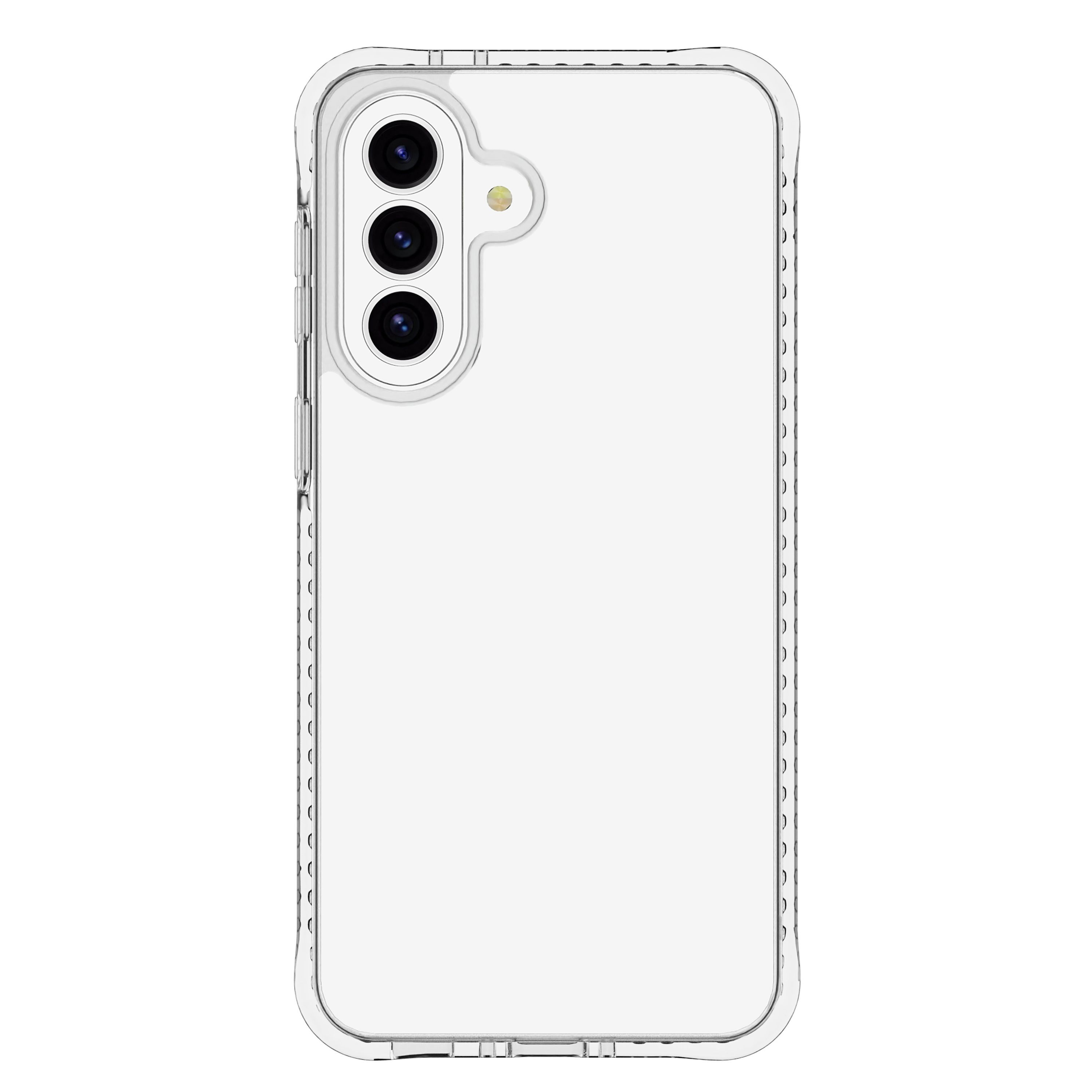 Üç kamera lensi ve flaşlı şeffaf telefon kılıfı.