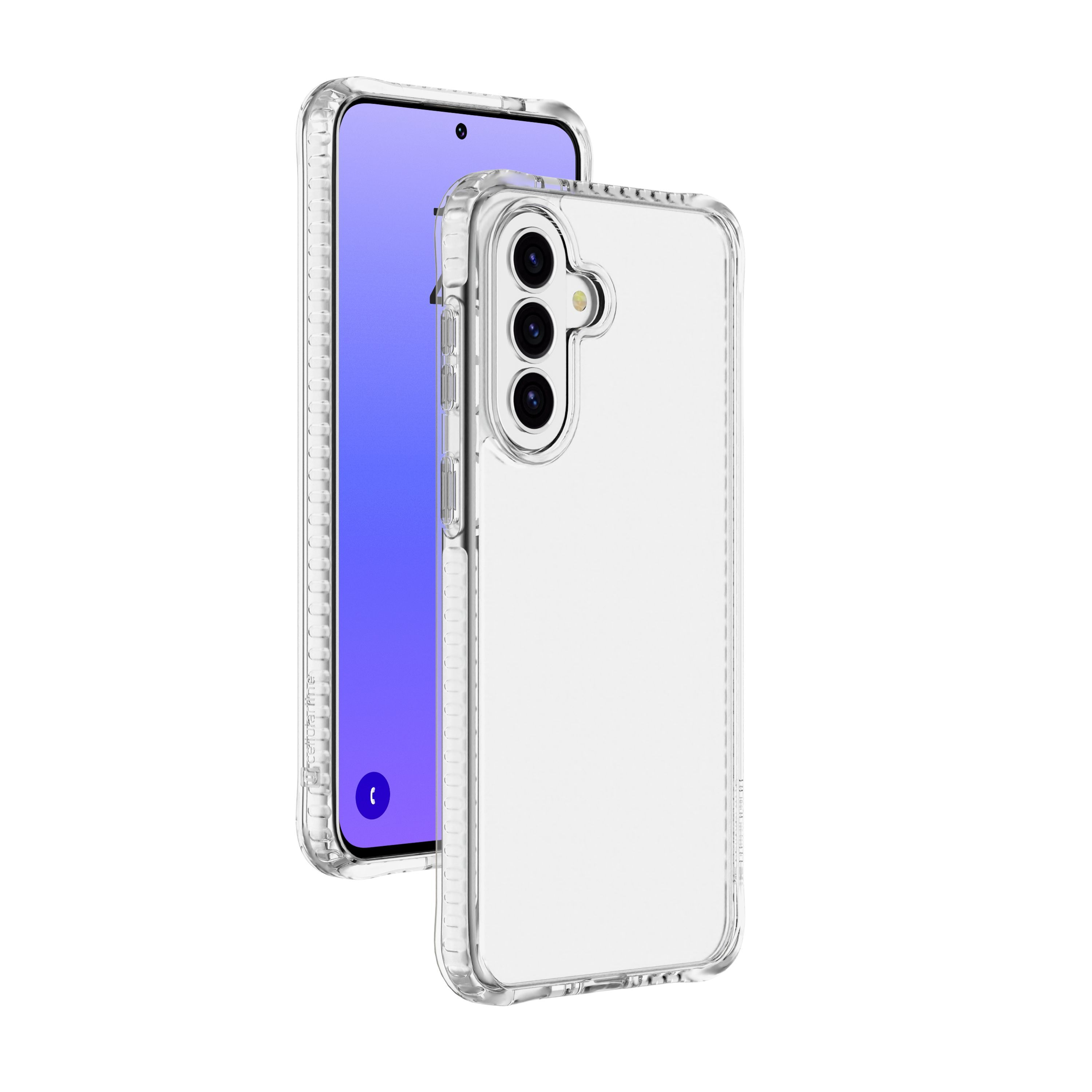 Mor ekranlı bir akıllı telefonun yanında şeffaf telefon kılıfı.