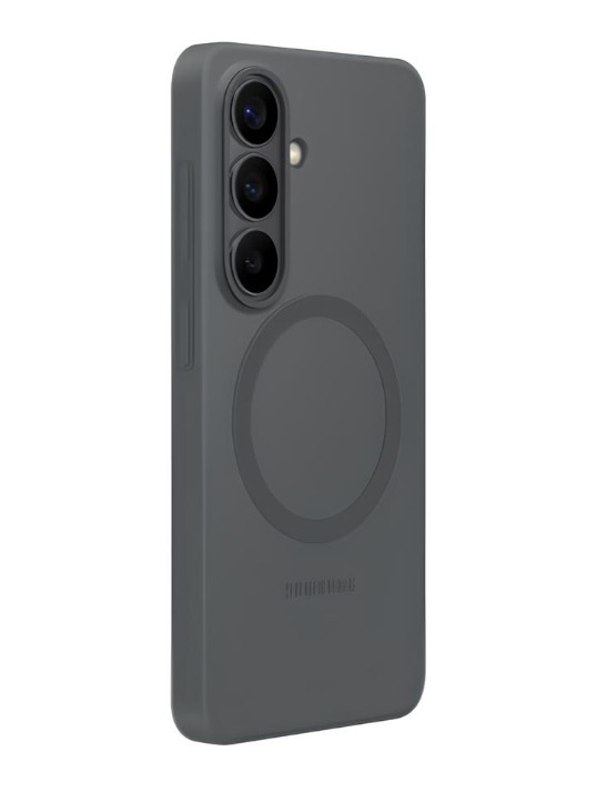 Üç kamera lensli ve dairesel halkalı koyu gri telefon kılıfı.
