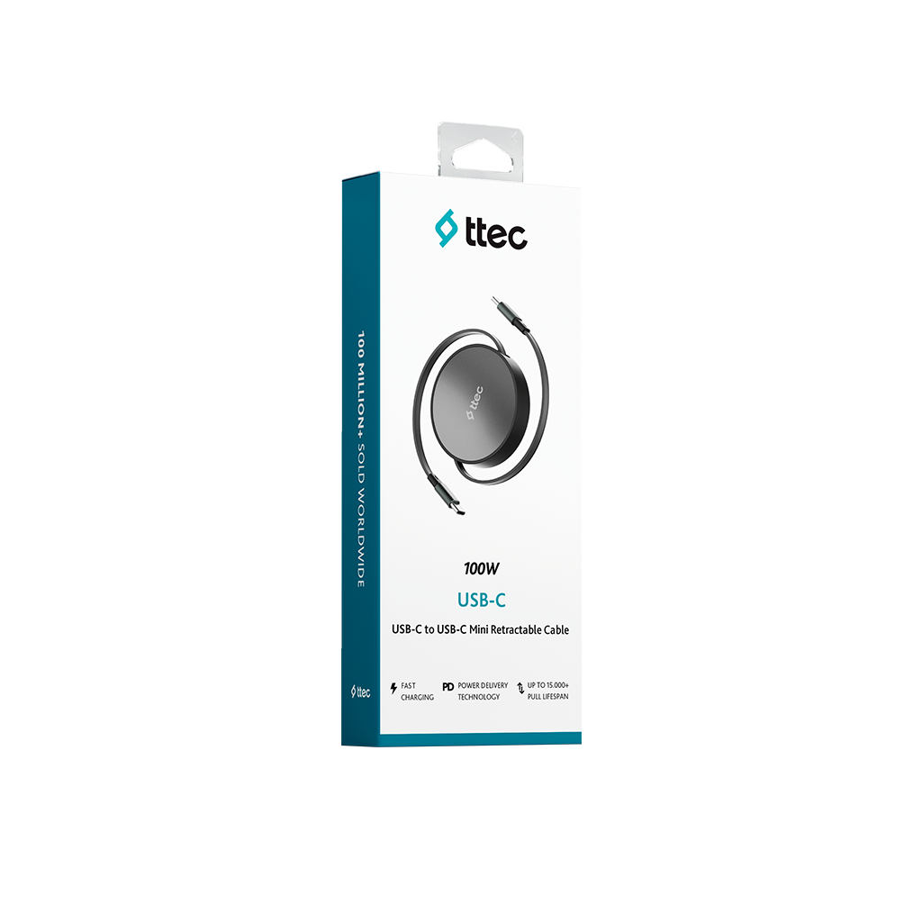Ttec 100W USB-C - USB-C geri çekilebilir kablo ambalajı. Hızlı şarj ve uzun kullanım ömrü sunar.