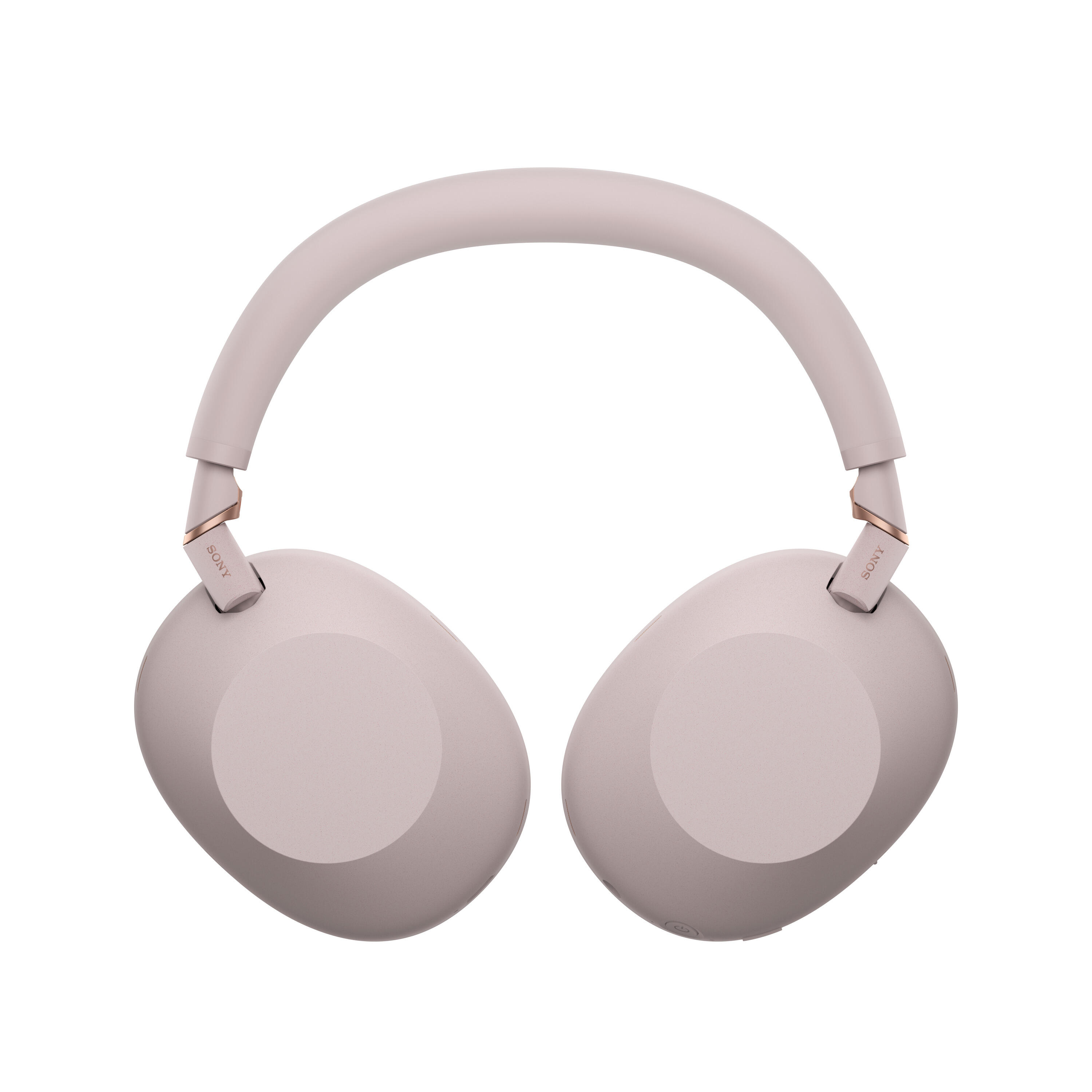Auriculares Sony rosas con detalles dorados sobre fondo blanco.