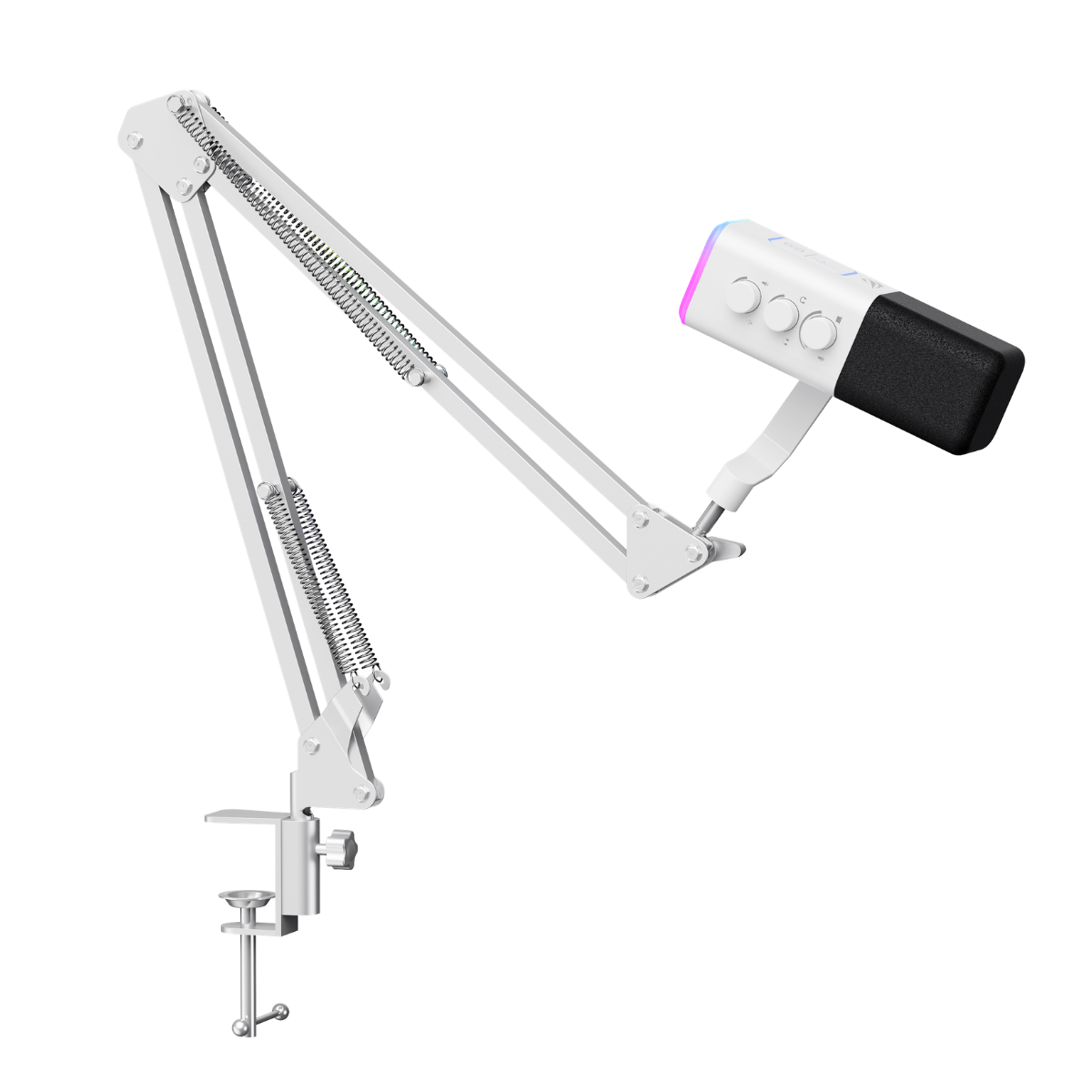 Kelepçeli beyaz mikrofon kolu ve RGB ışıklı beyaz mikrofon, siyah kapsüllü.