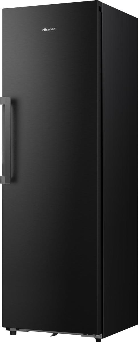 Ein schlanker, schwarzer Kühlschrank mit einem silbernen Griff.