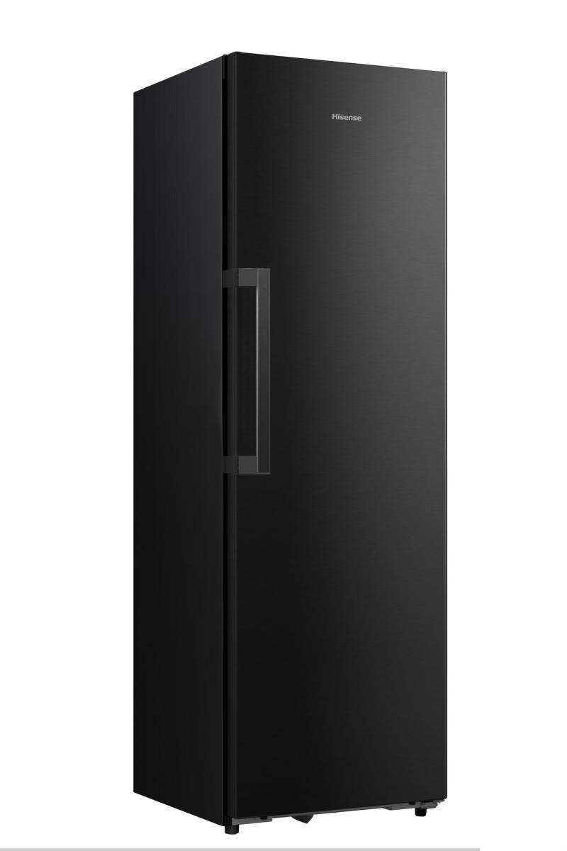 Ein hochformatiger schwarzer Hisense Kühlschrank mit silbernem Griff.