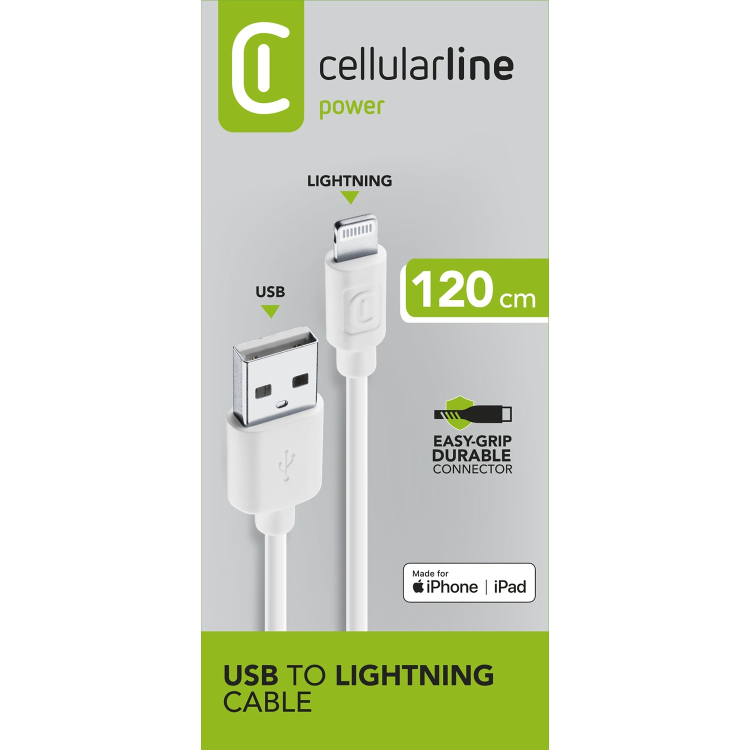 Un cavo bianco Cellularline da USB a Lightning, lungo 120 cm.