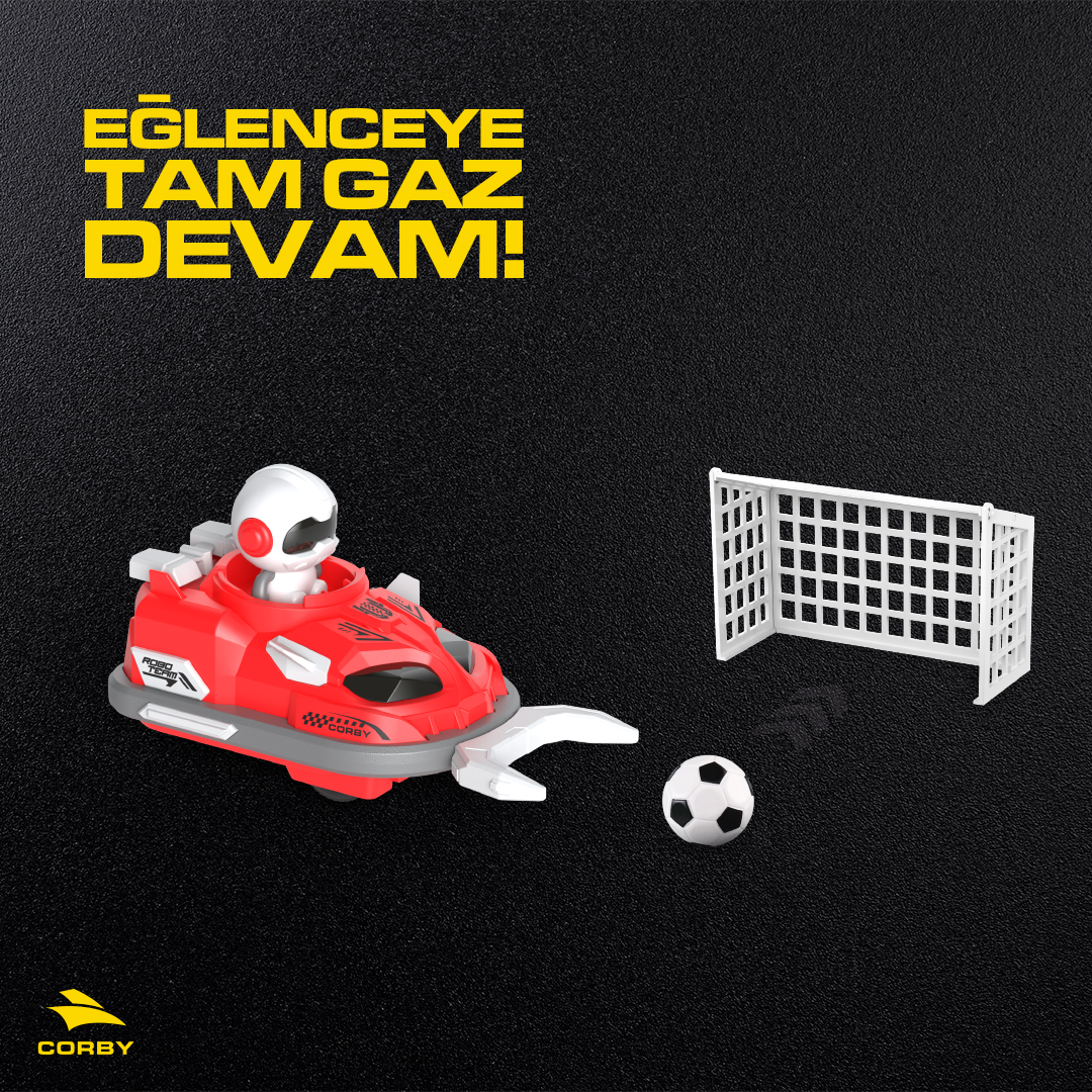 Siyah arka plan üzerinde futbol topu ve kale bulunan kırmızı robot oyuncak araba.
