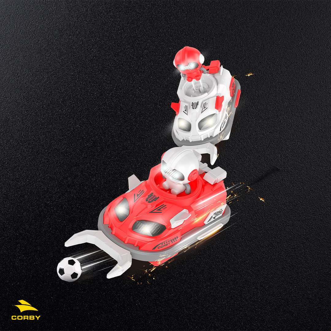 Siyah arka plan üzerinde kırmızı ve beyaz yarış arabalarında iki oyuncak robot.