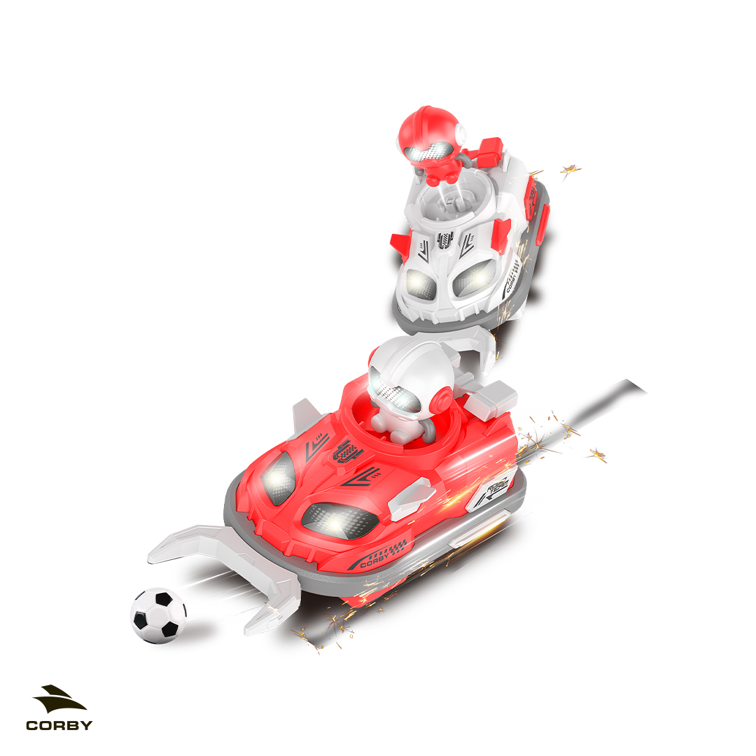 İki robot oyuncak araba, kırmızı ve beyaz, futbol topuyla. Kıvılcımlar uçuşuyor.