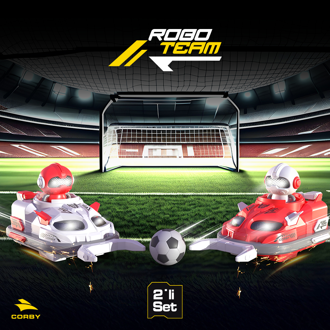 Arkada kale bulunan bir sahada iki Robo-Soccer robotu.