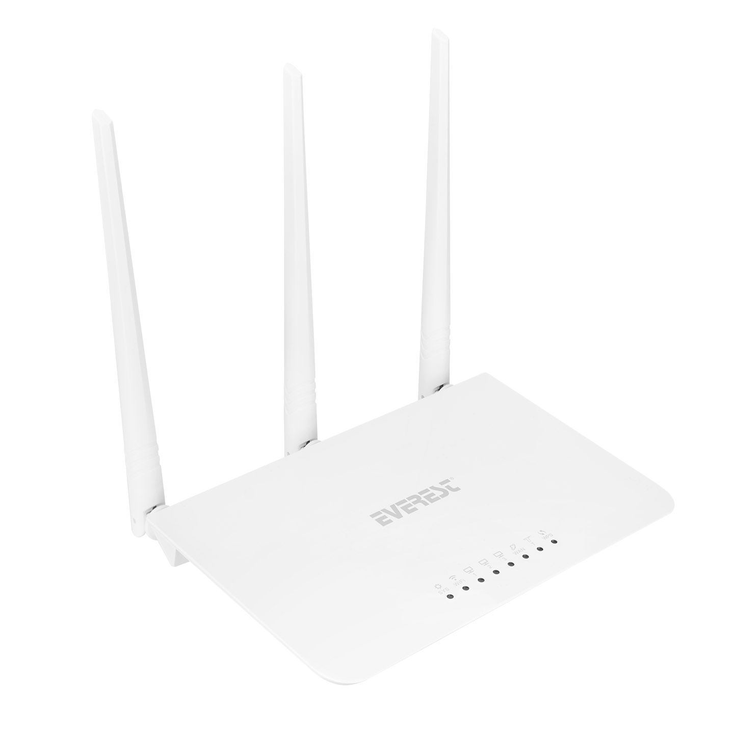 Beyaz arka plan üzerinde üç antenli ve gösterge ışıklı beyaz Wi-Fi yönlendirici.