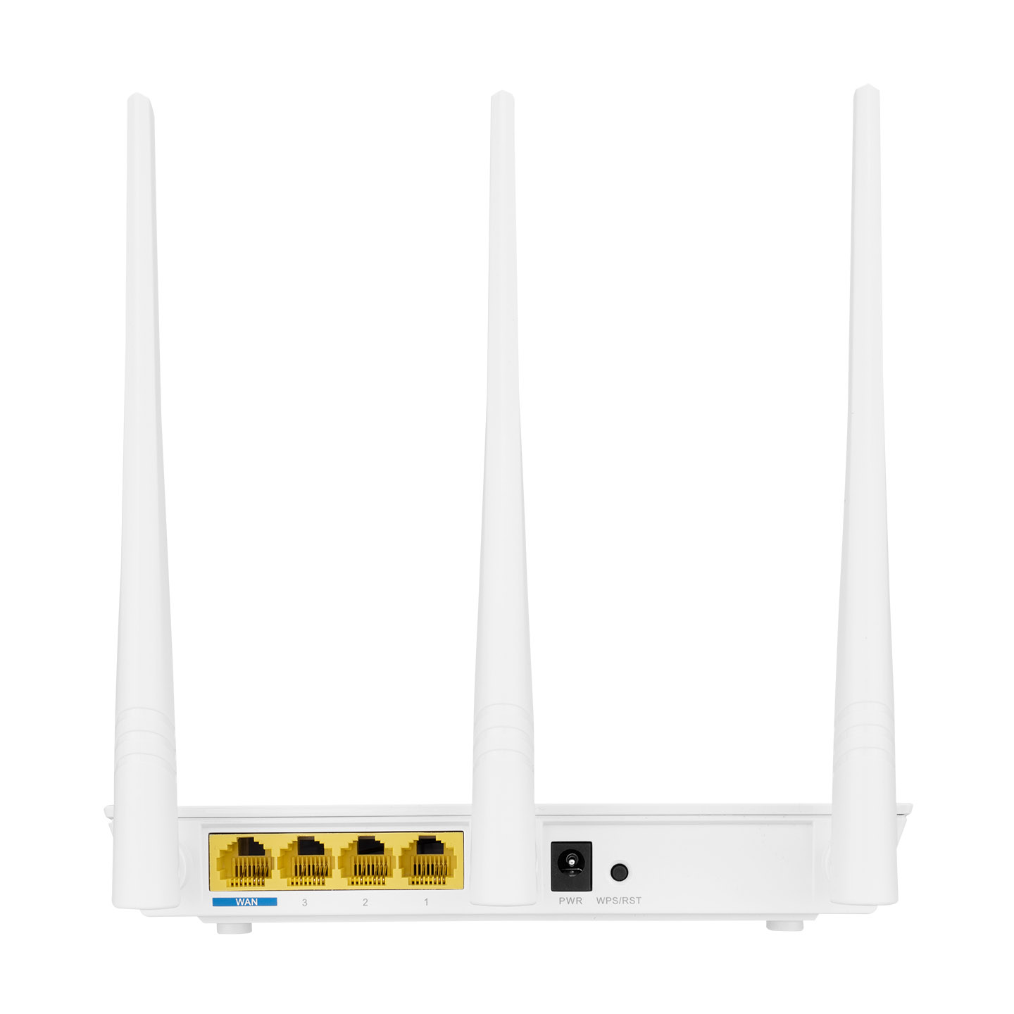 Üç antenli ve dört sarı Ethernet portlu beyaz bir Wi-Fi yönlendirici.
