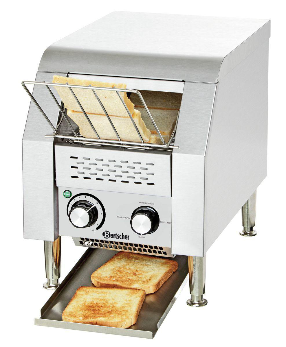 Edelstahl-Toaster mit zwei Brotscheiben oben und zwei fertigen Toasts unten.