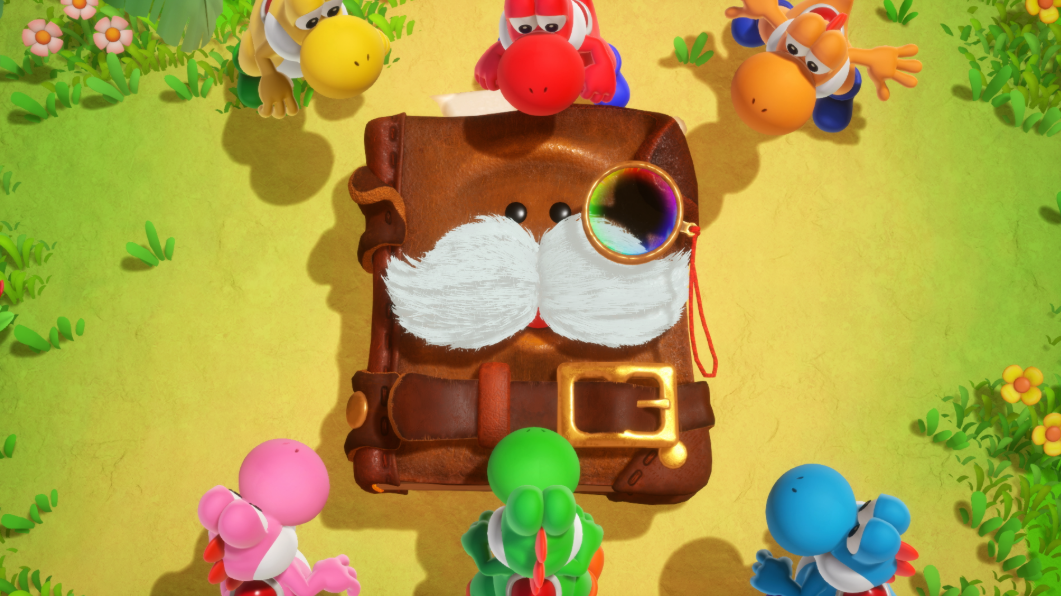 Yoshi-Figuren umgeben ein braunes Buch mit Schnurrbart und Monokel.