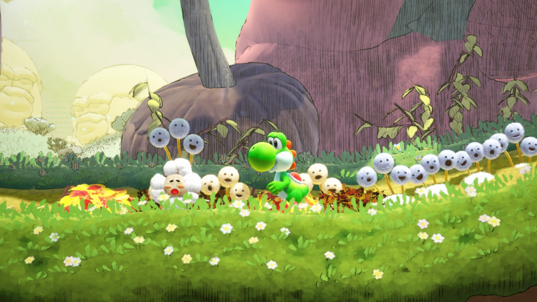 Yoshi steht in einer blühenden Landschaft neben vielen flauschigen Kreaturen.