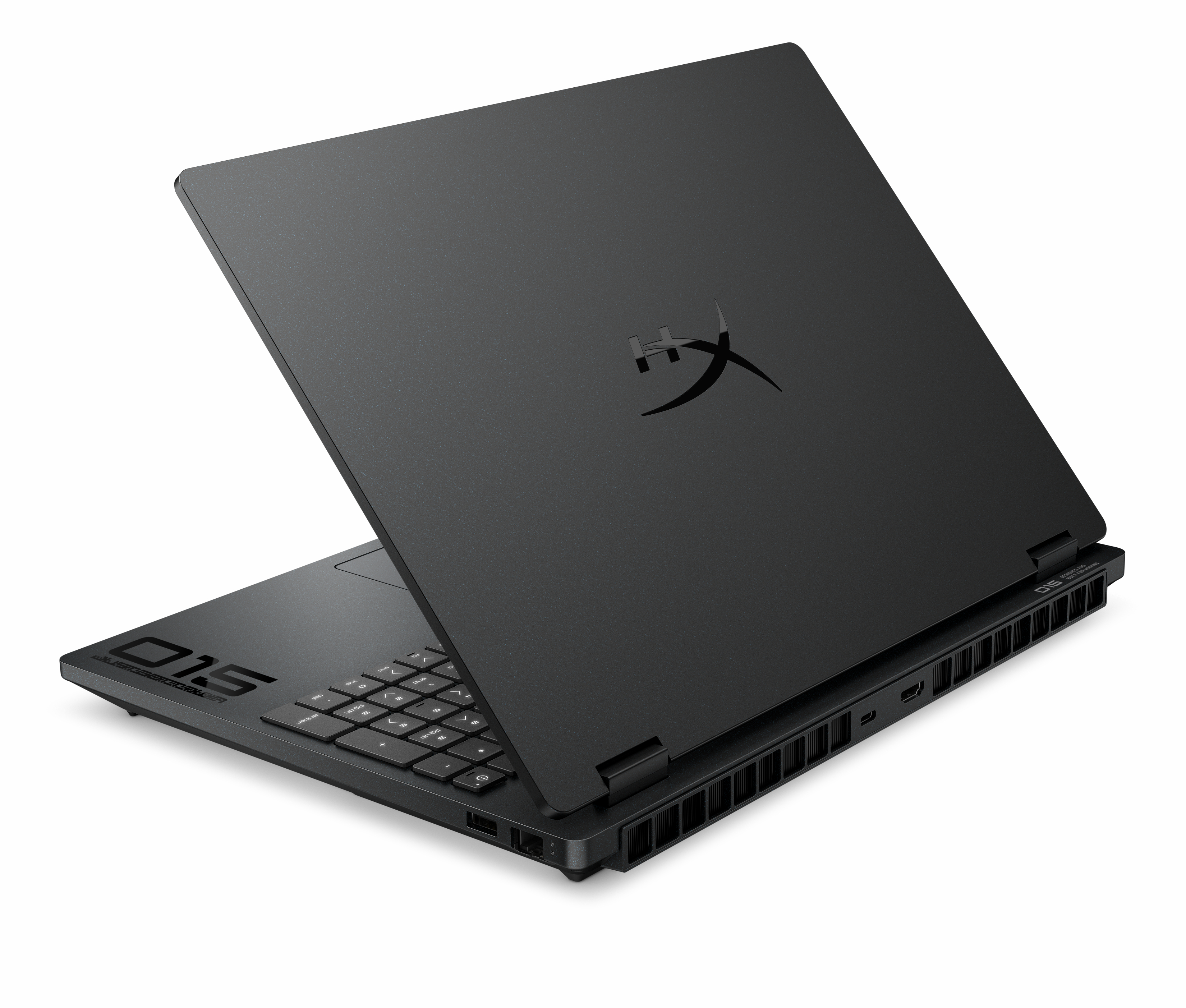 Ein schwarzer Laptop mit geöffnetem Deckel, Tastatur und Lüftungsschlitzen.