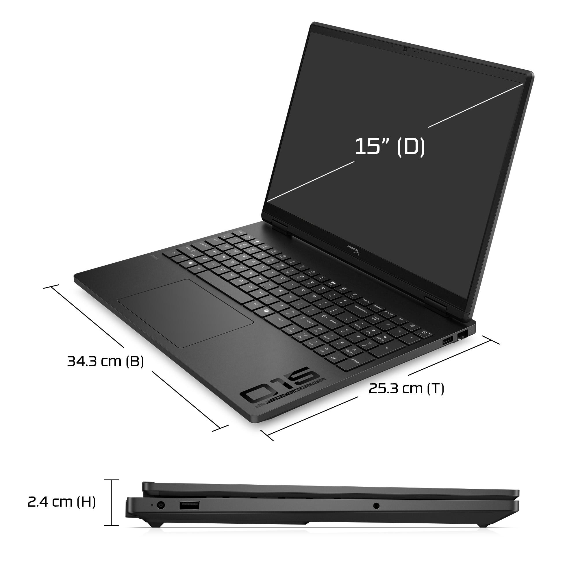 Schwarzer Laptop, 15-Zoll-Bildschirm, Maße 34,3x25,3x2,4 cm.