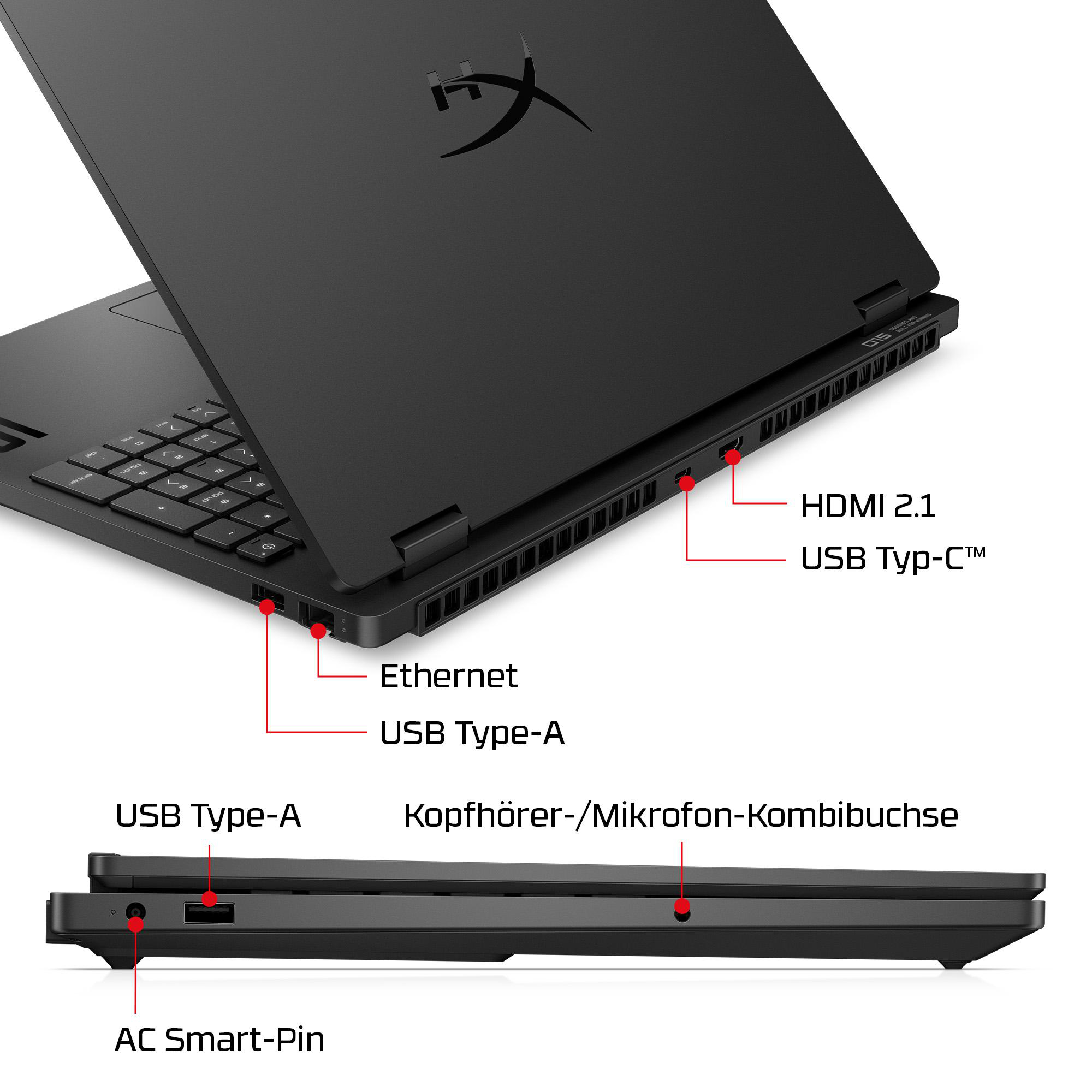 Schwarzer Laptop mit Anschlüssen: HDMI, USB-C, Ethernet, USB-A, Kopfhörerbuchse, AC-Pin.