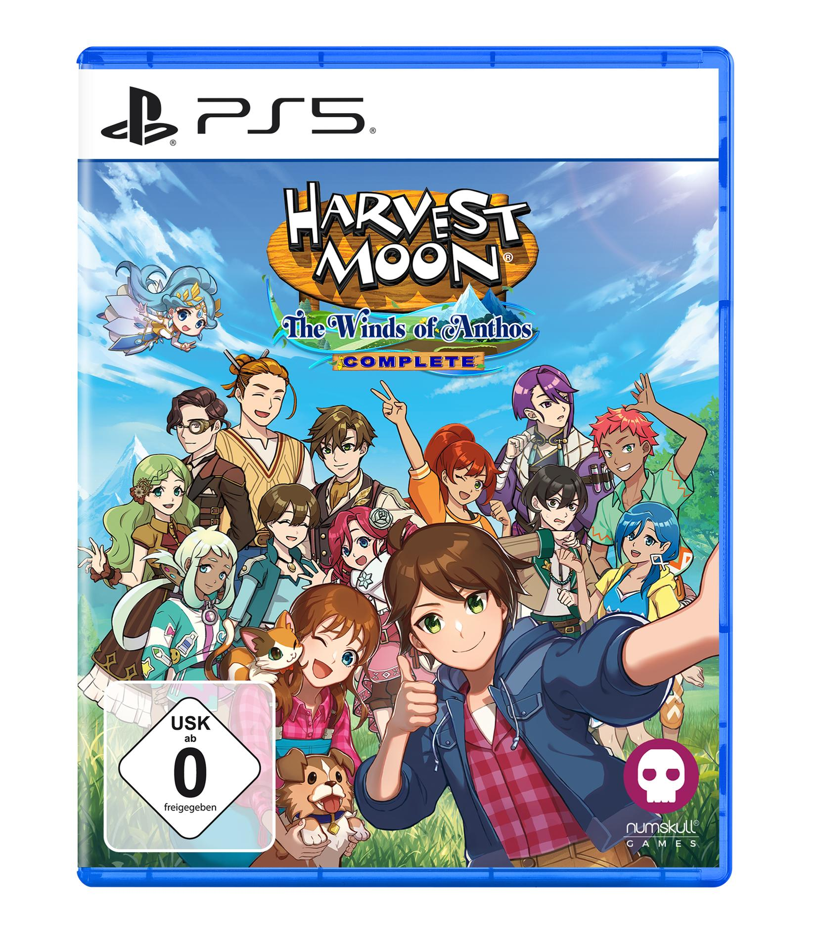 Spielhülle von Harvest Moon: The Winds of Anthos mit vielen Charakteren und Tieren.