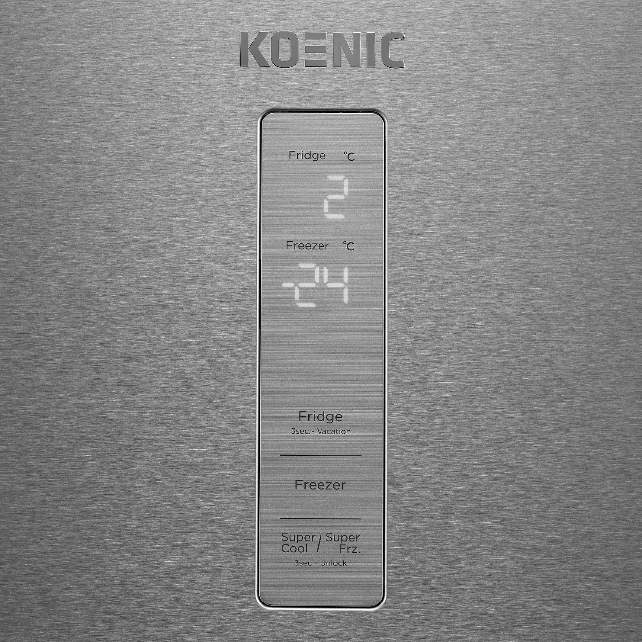 KOENIC Kühlschrank-Display zeigt 2°C für Kühlschrank und -24°C für Gefrierschrank.