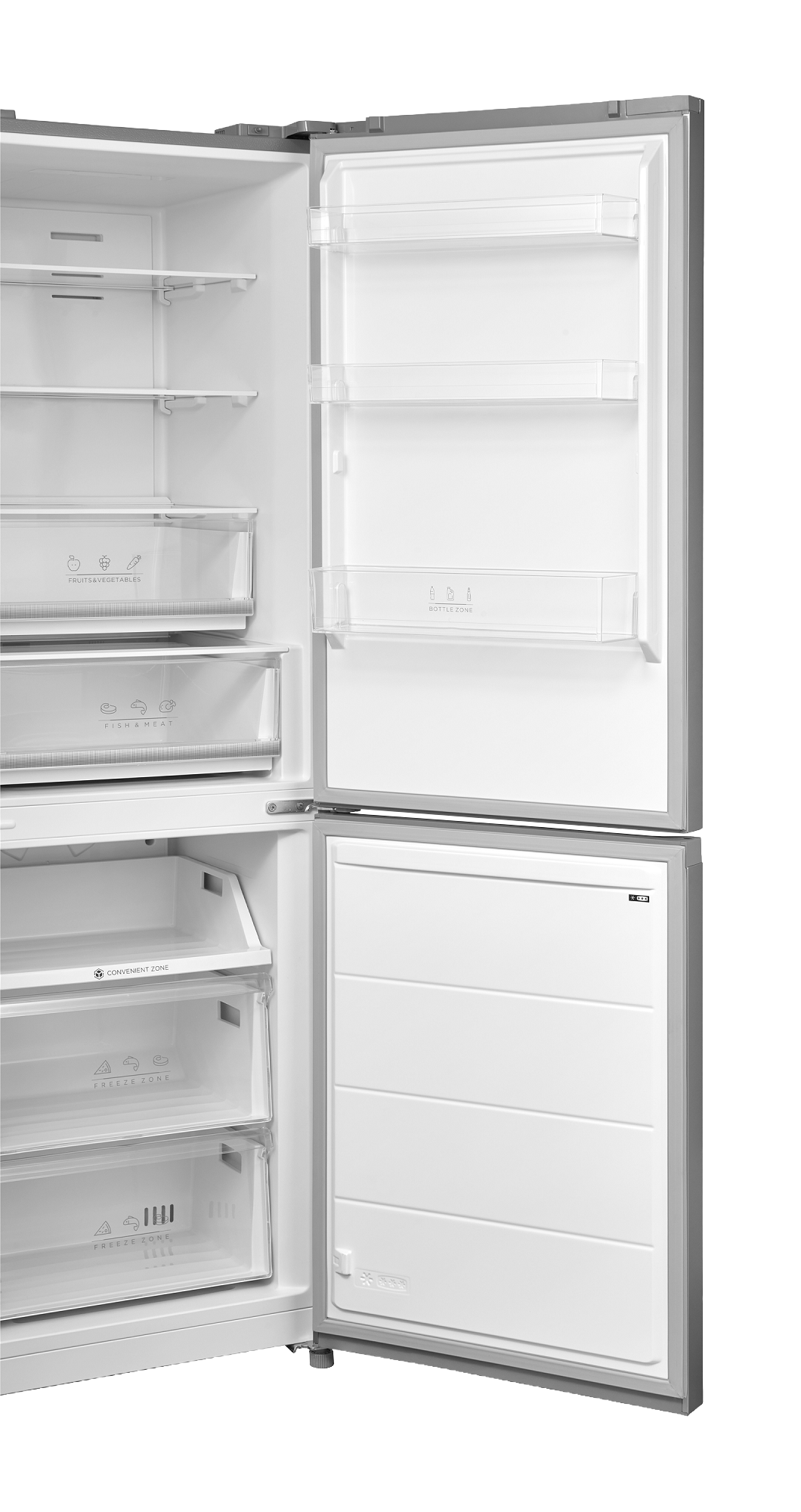 Ein offener Kühlschrank mit mehreren Fächern und Schubladen für Obst, Gemüse, Fisch und Fleisch.
