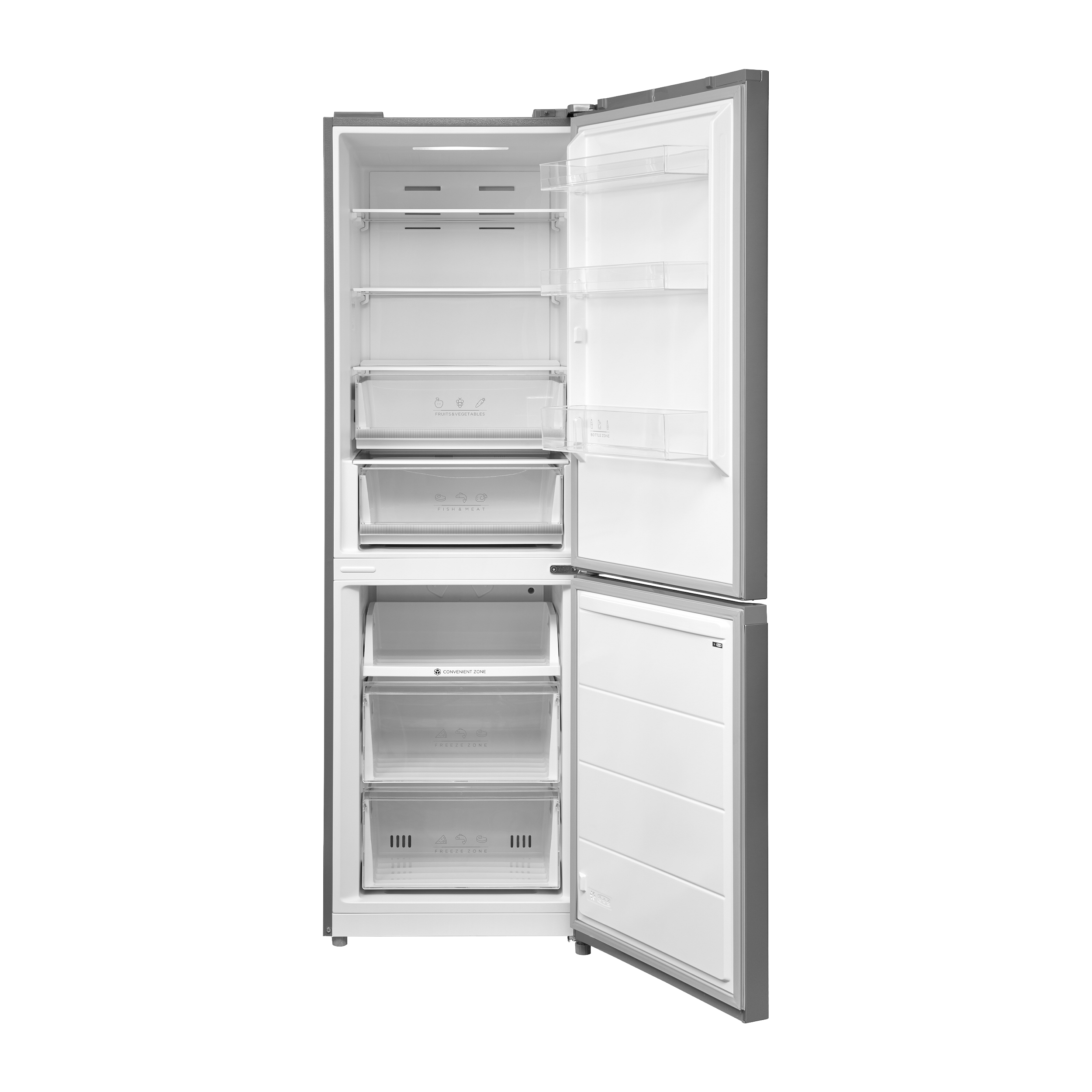Ein leerer, offener Kühlschrank mit Gefrierfach, auf schwarzem Hintergrund.