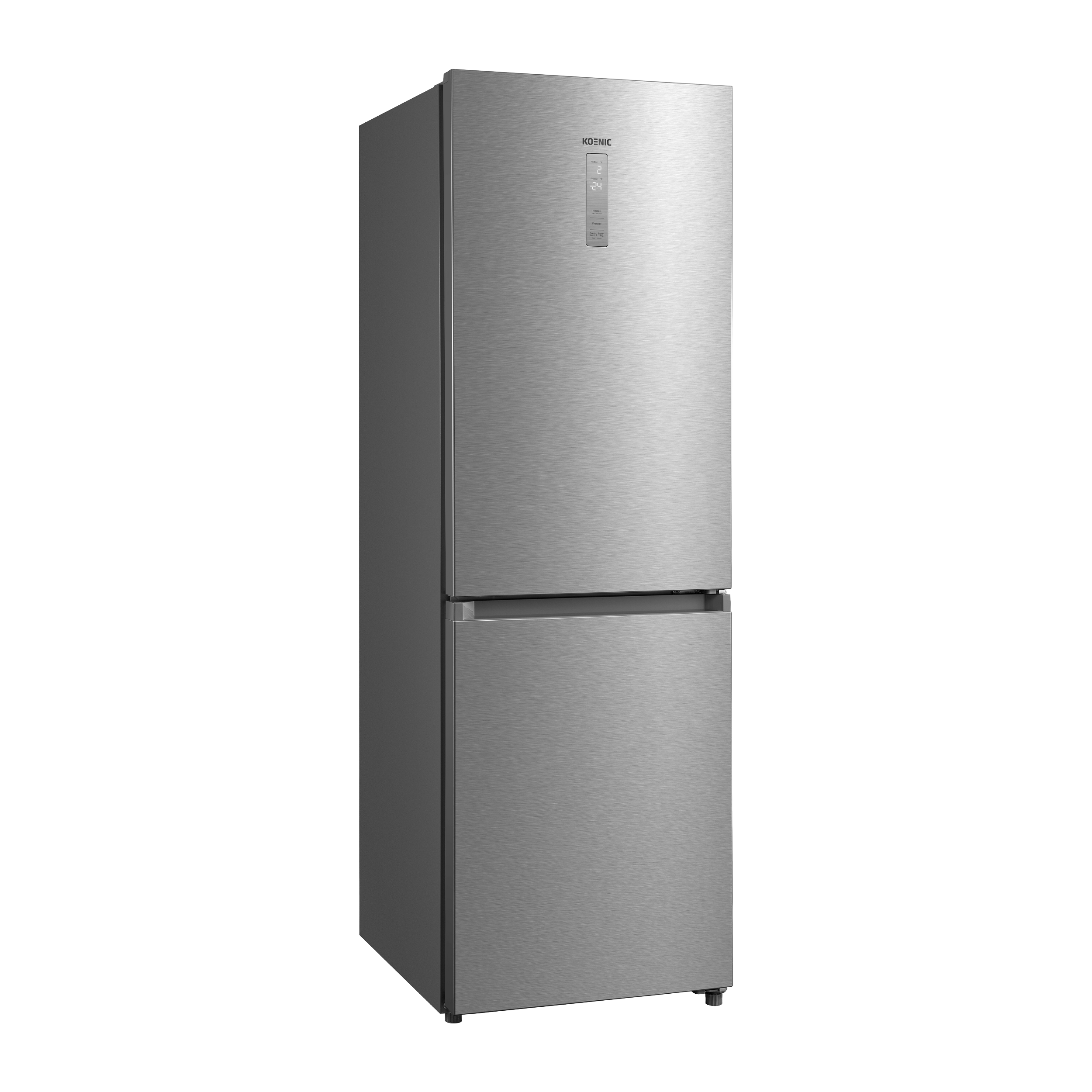 Ein silberner Kühlschrank mit Gefrierfach und digitaler Anzeige.