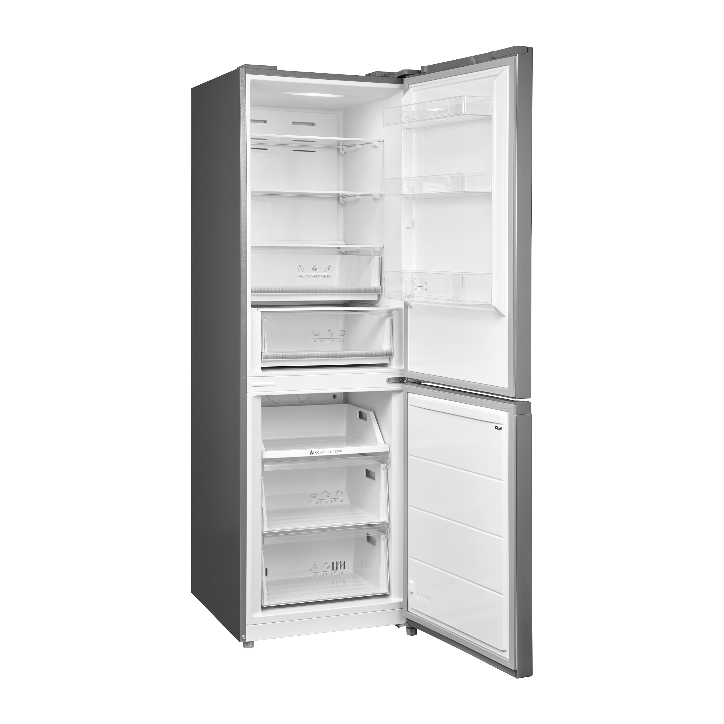 Ein offener Kühlschrank mit mehreren Fächern und Schubladen für Obst, Gemüse und Fleisch.