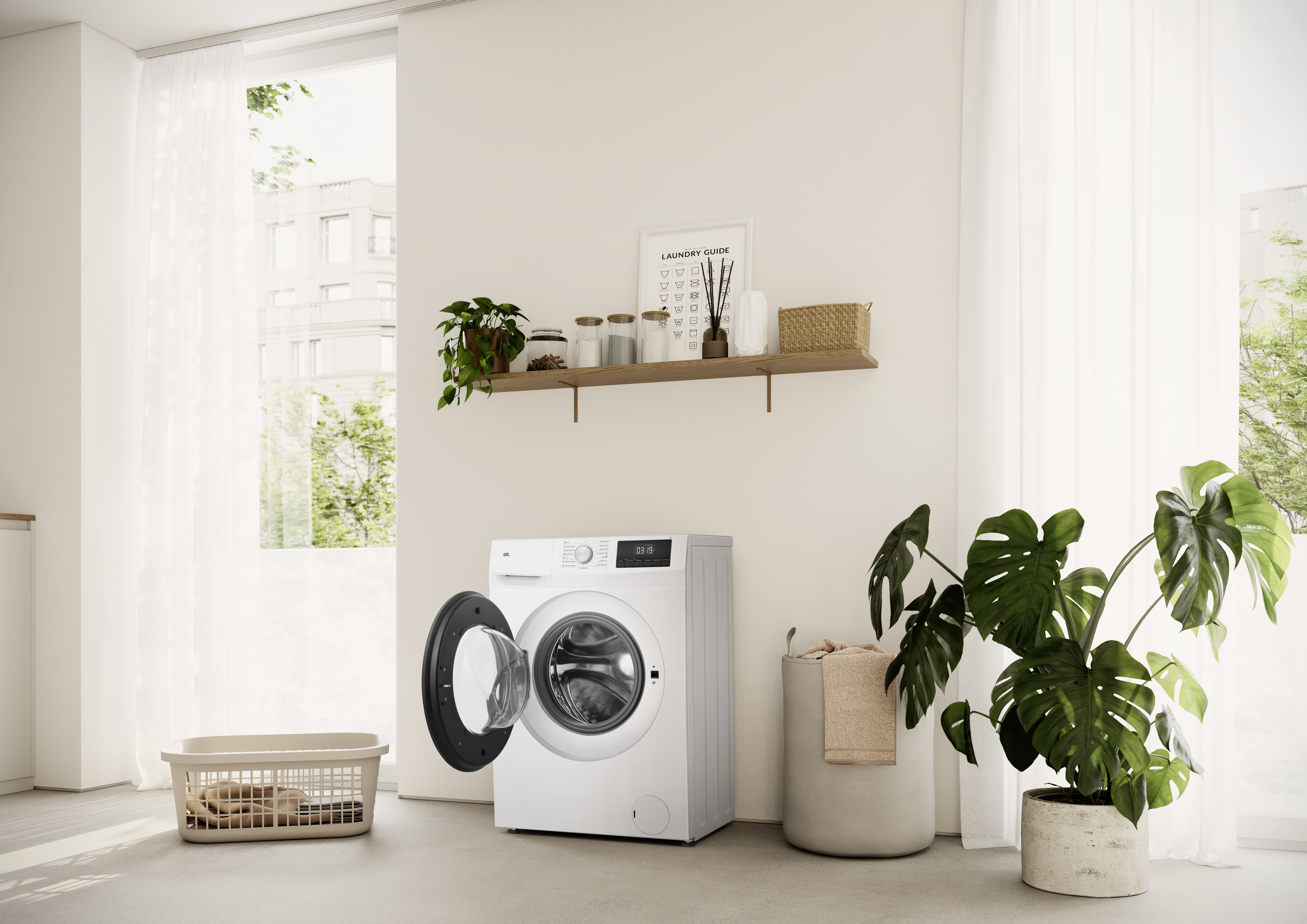 Waschküche mit Waschmaschine, Wäschekorb, Pflanze und Regal.