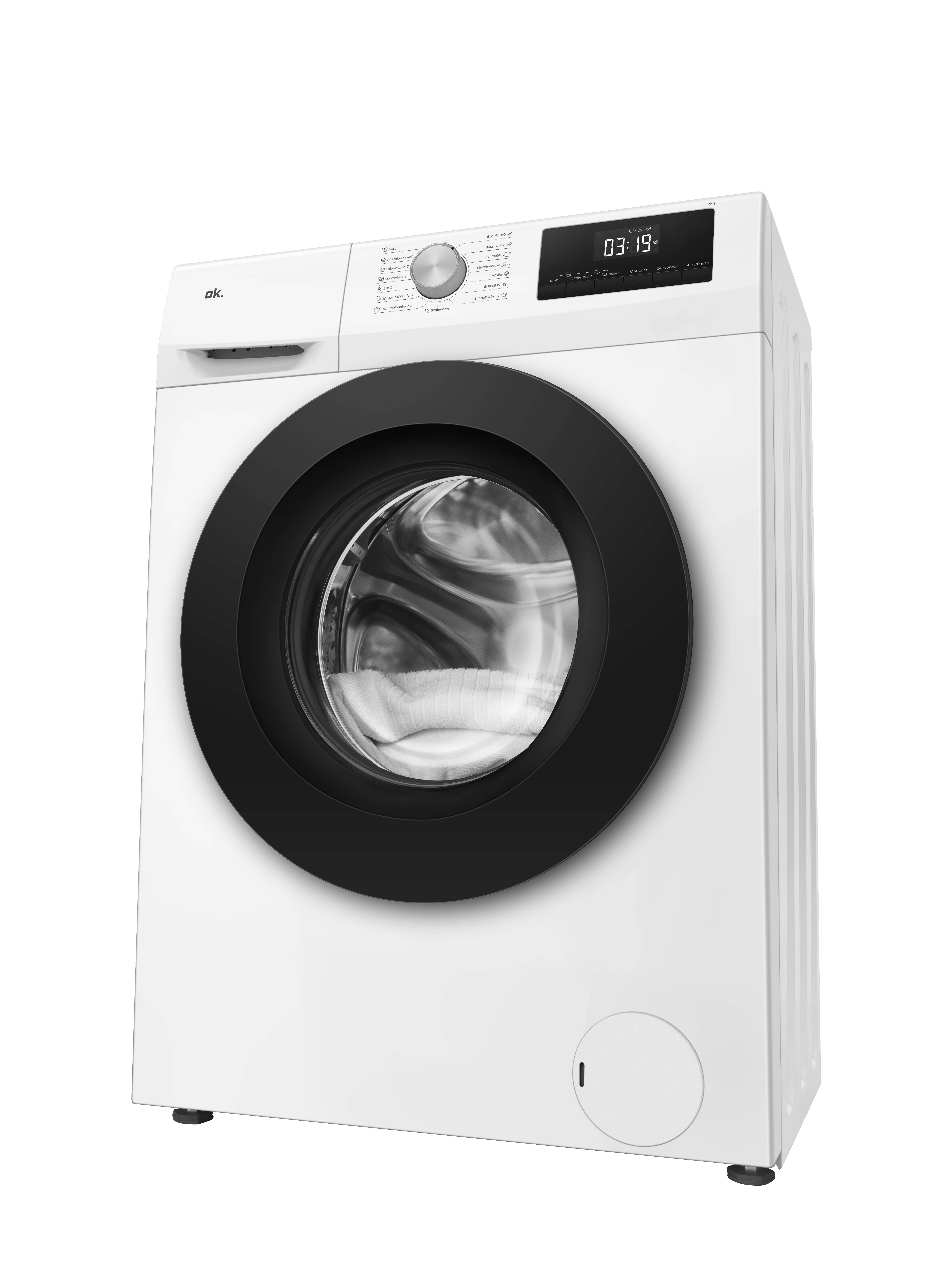 Eine weiße Waschmaschine mit schwarzem Bullauge und digitaler Anzeige.