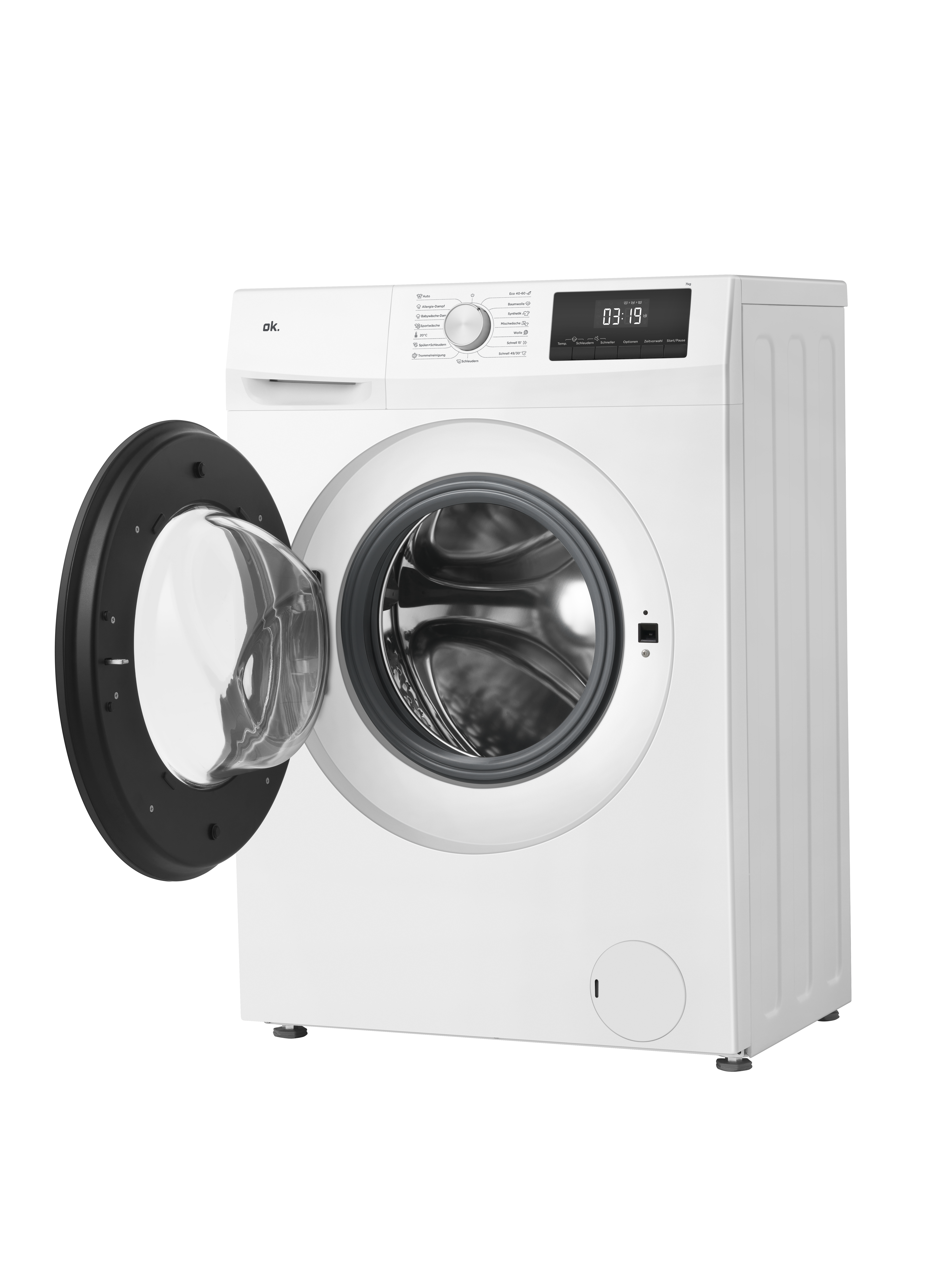 Weiße Waschmaschine mit geöffneter Tür und digitaler Anzeige.