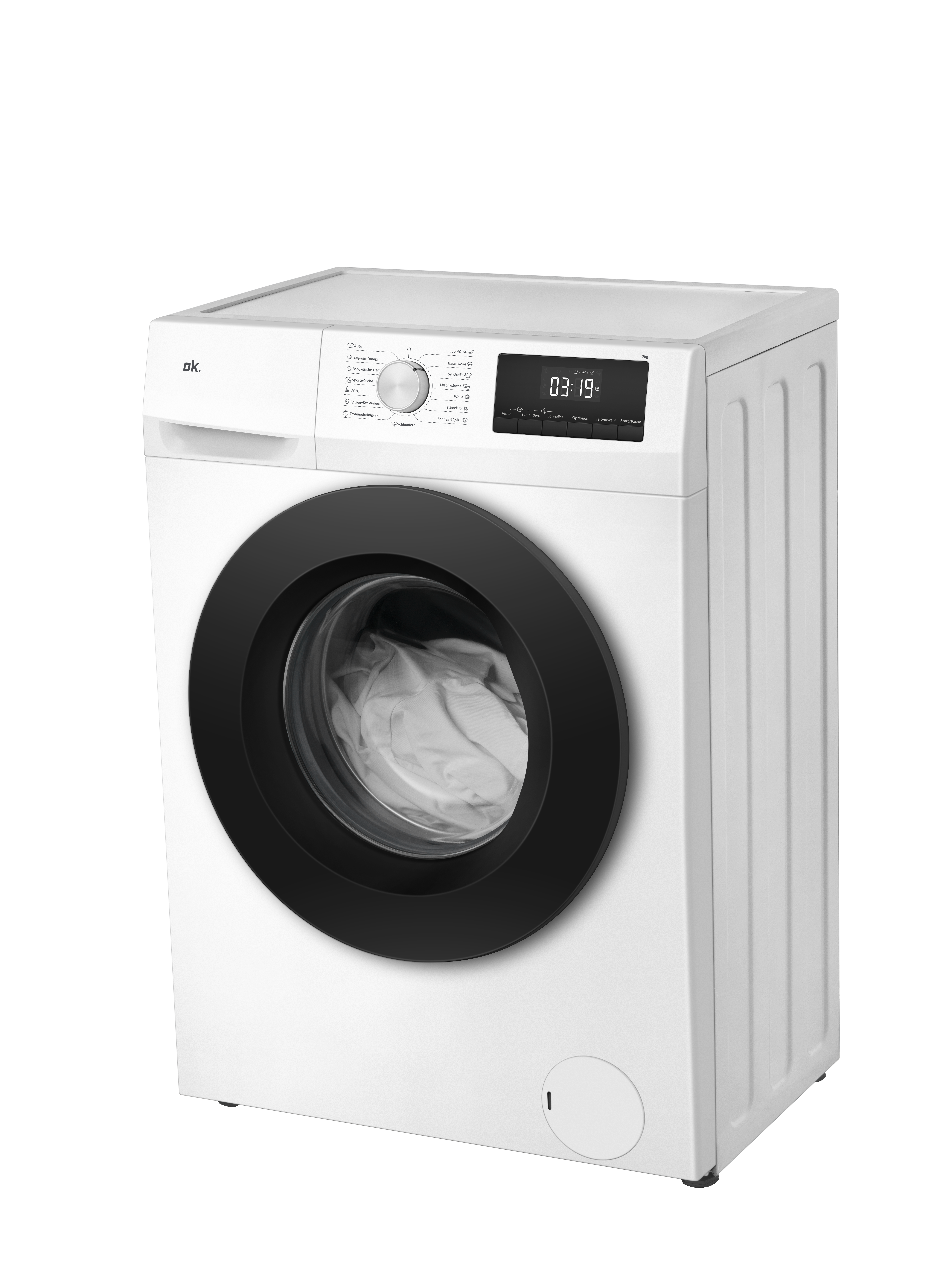 Weiße Waschmaschine mit schwarzem Bullauge und digitaler Anzeige. Wäsche im Inneren.