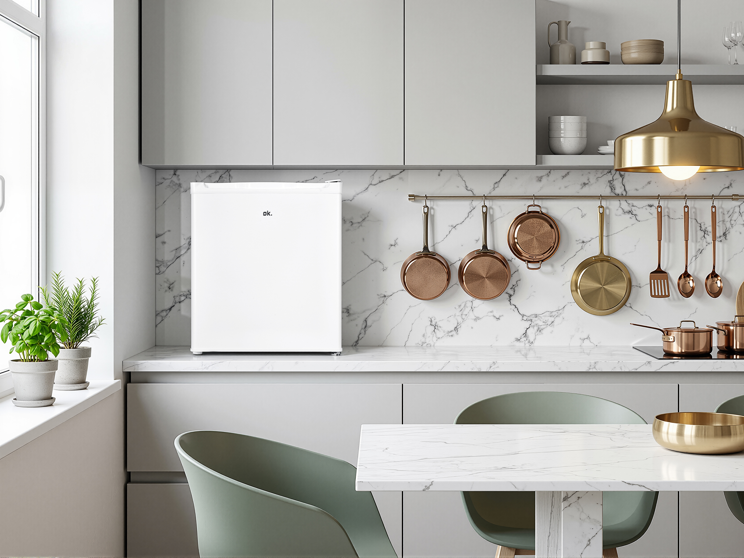 Moderne Küche mit weißem Kühlschrank, Kupfergeschirr, Pflanzen und Esstisch.