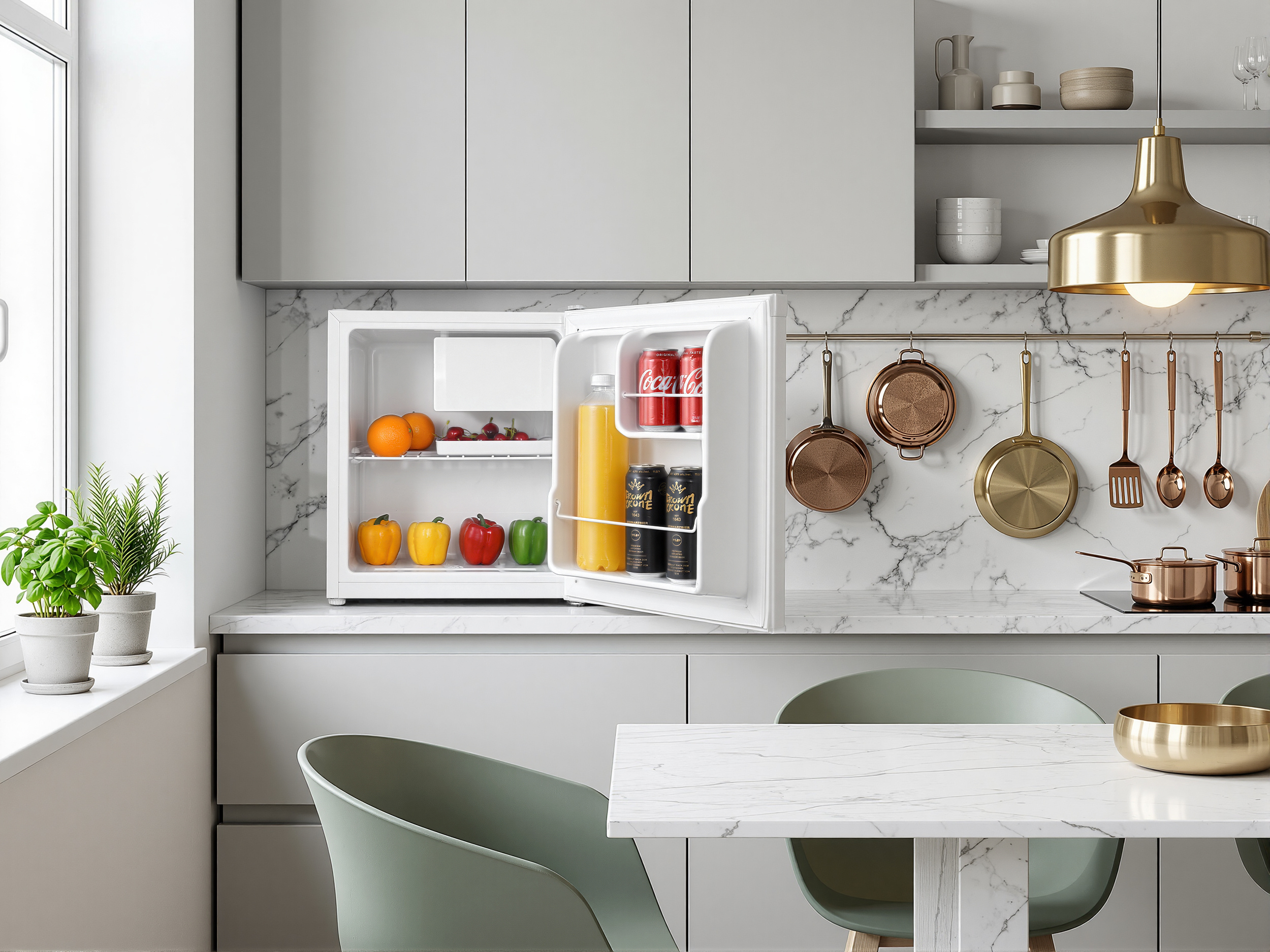 Ein offener weißer Mini-Kühlschrank mit Obst, Gemüse und Getränken.