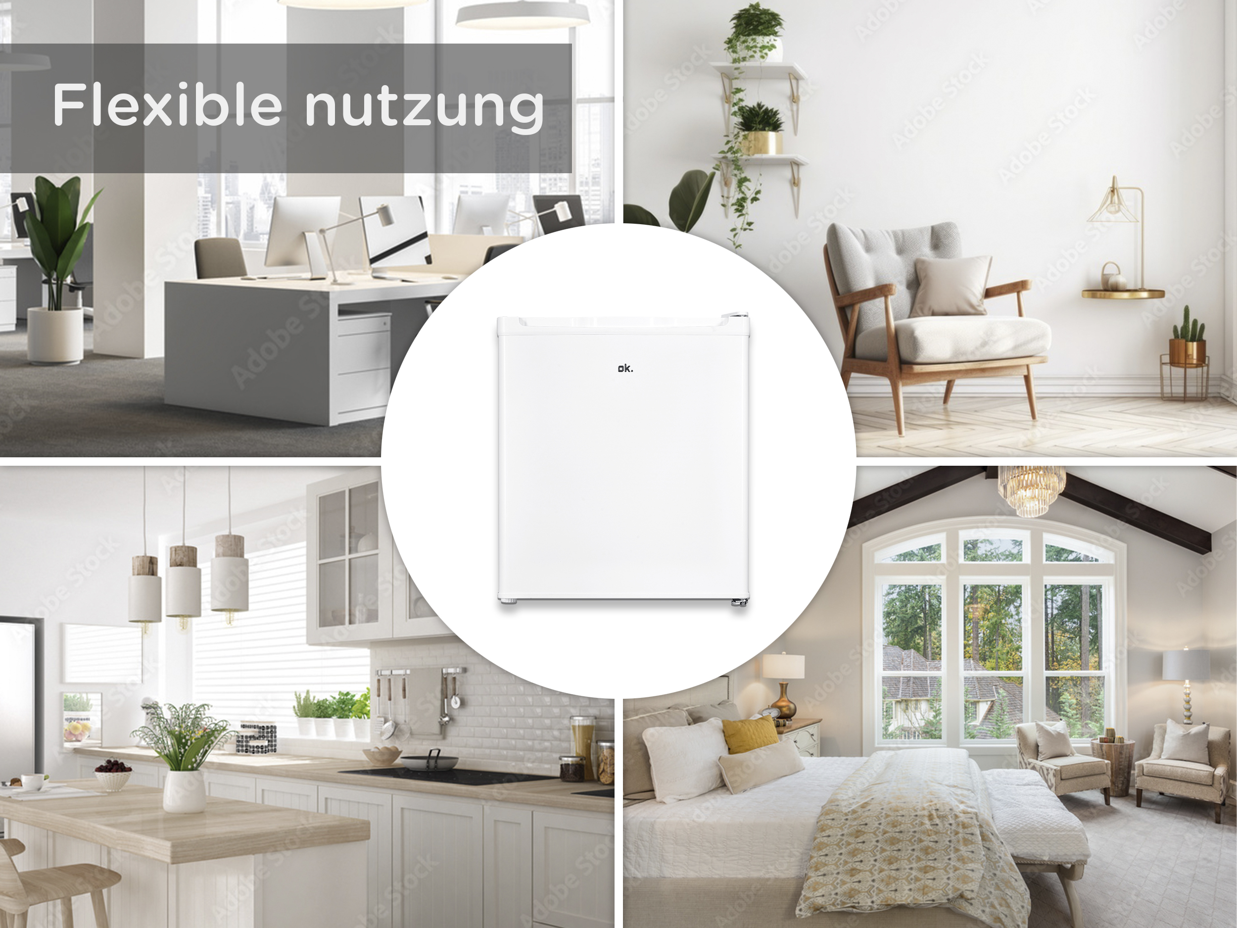 Collage zeigt Büro, Wohnzimmer, Küche und Schlafzimmer. Ein Kühlschrank ist im Mittelpunkt.