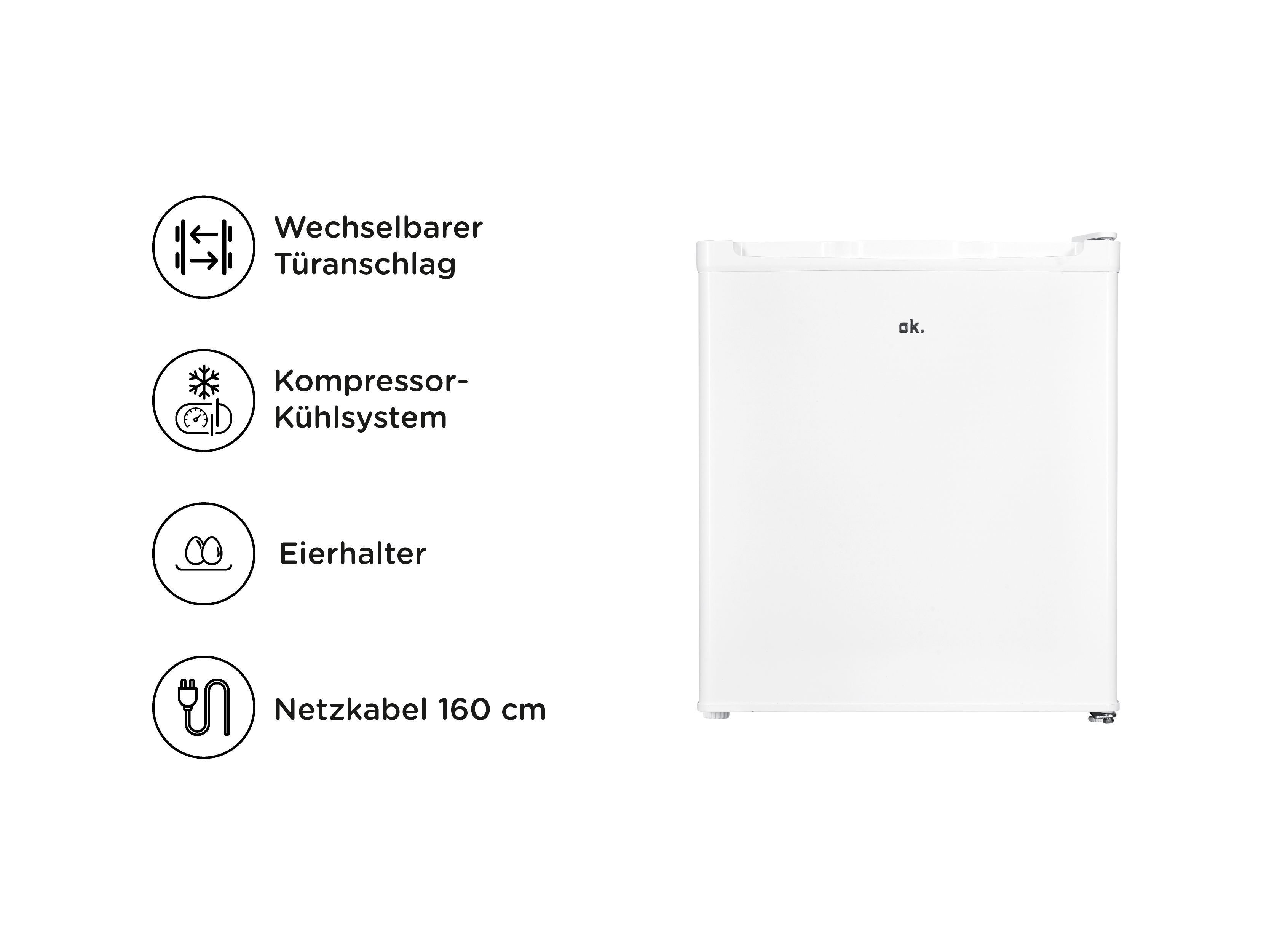 Ein weißer Kühlschrank mit dem Logo "ok."