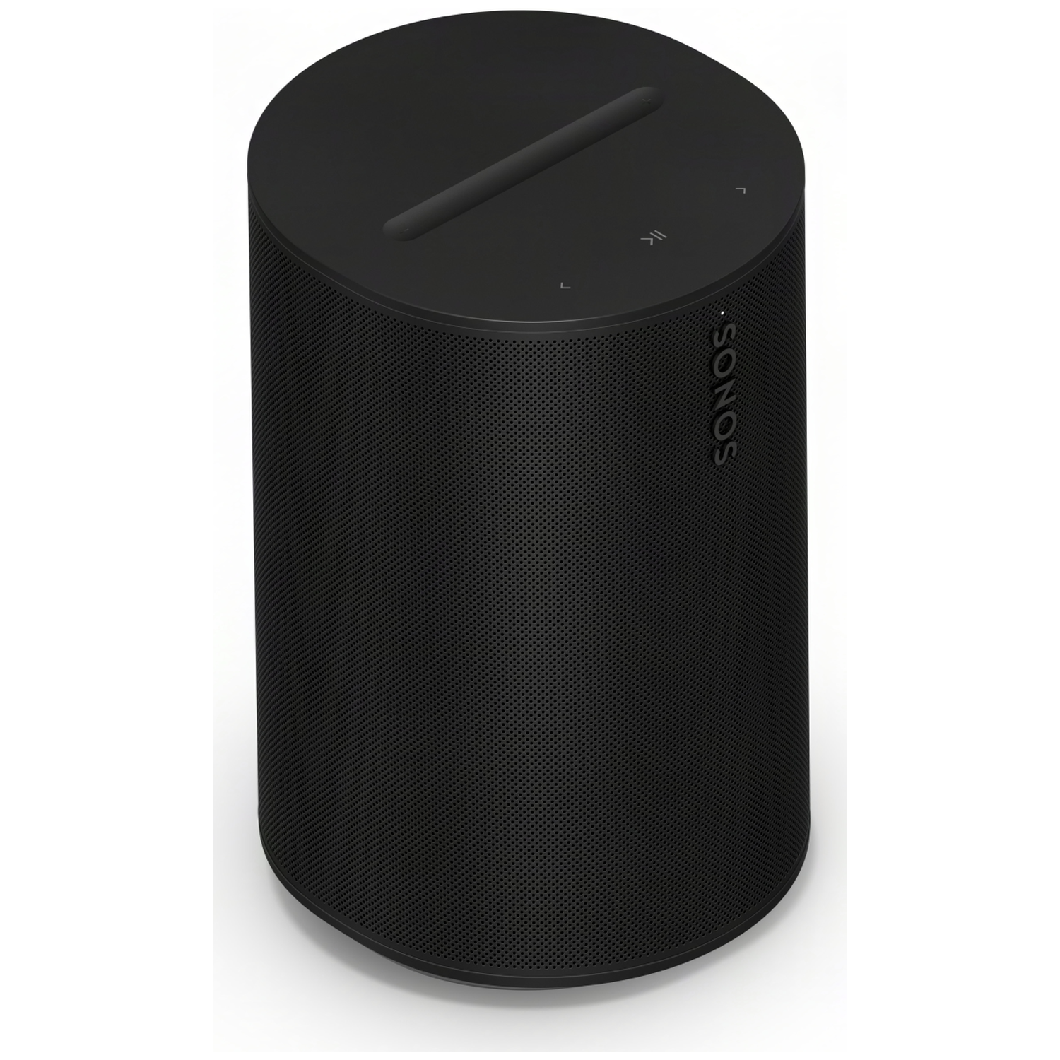 Een zwarte cilindrische Sonos speaker met bedieningselementen bovenop.