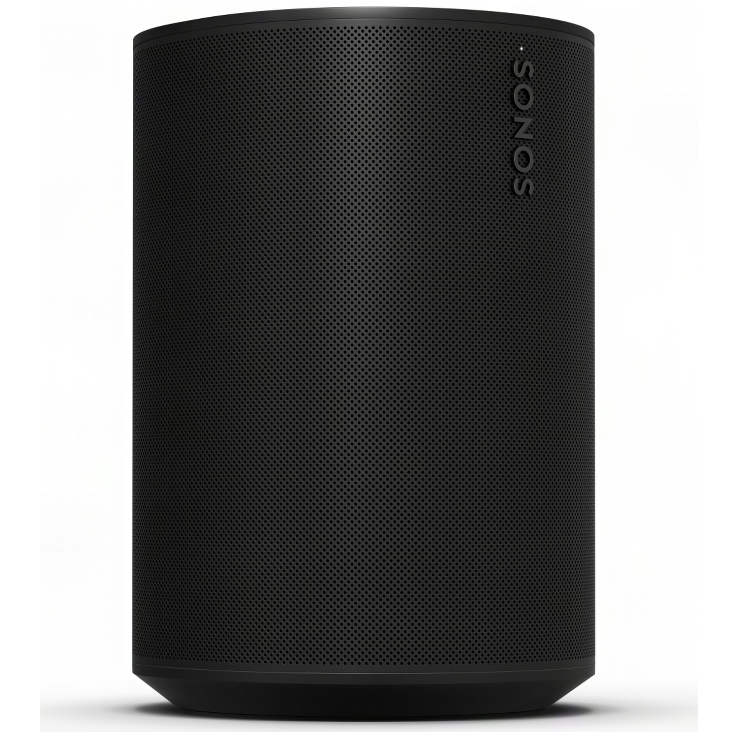 Zwarte cilindrische luidspreker met geperforeerd oppervlak en SONOS-logo.