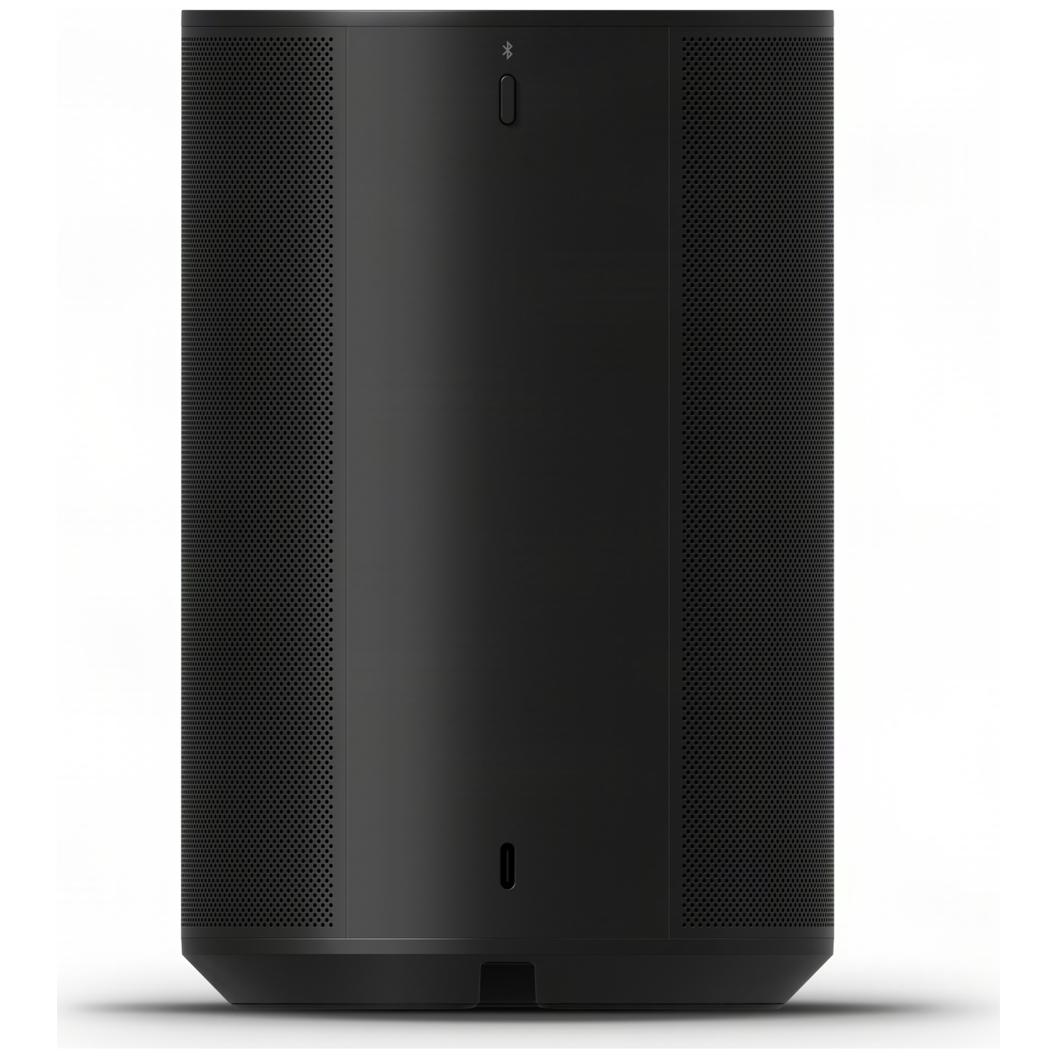 Zwarte luidspreker met geperforeerde zijkanten en Bluetooth-symbool boven.