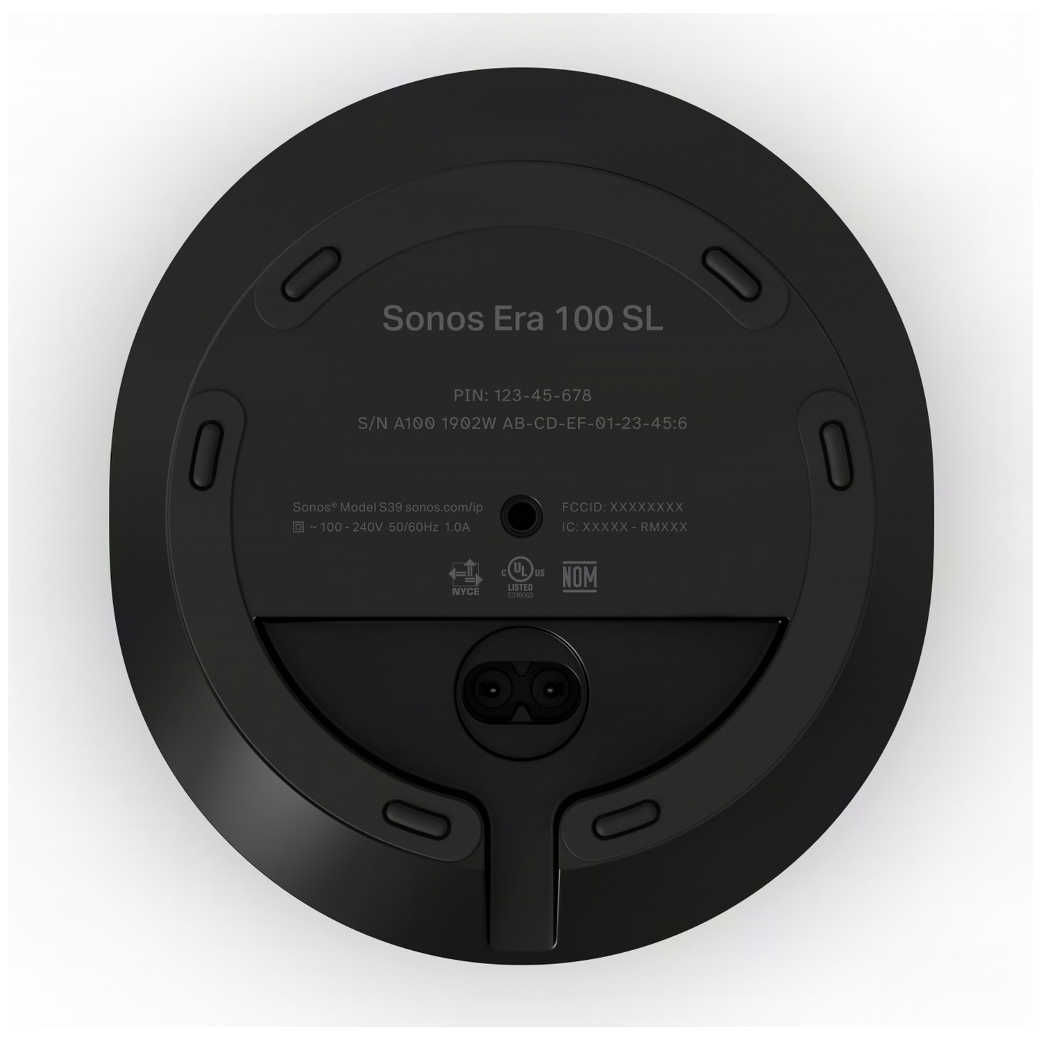 Onderkant van een zwarte Sonos Era 100 SL luidspreker met technische details.