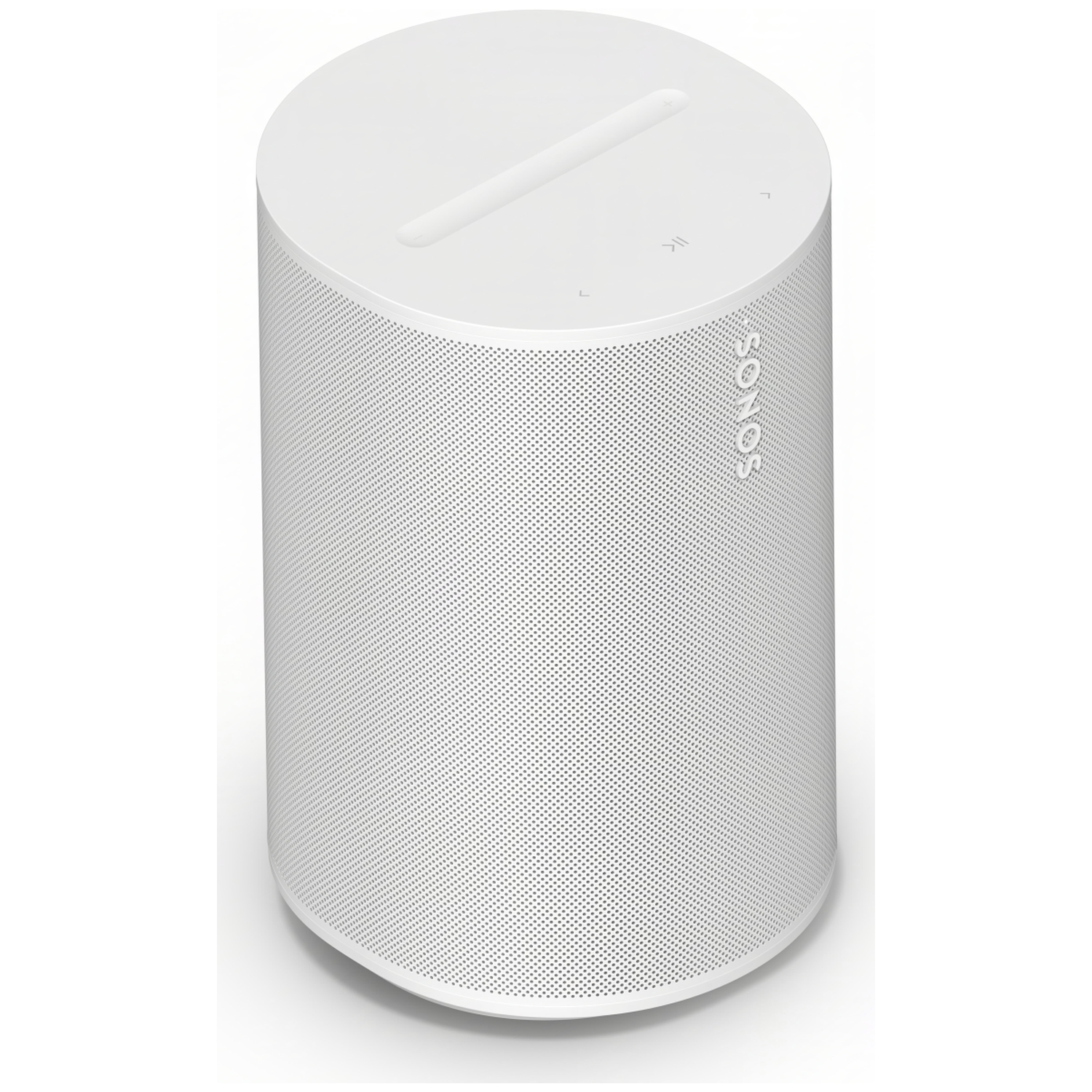 Een witte, cilindrische Sonos-luidspreker met een geperforeerd rooster en bedieningsknoppen bovenop.