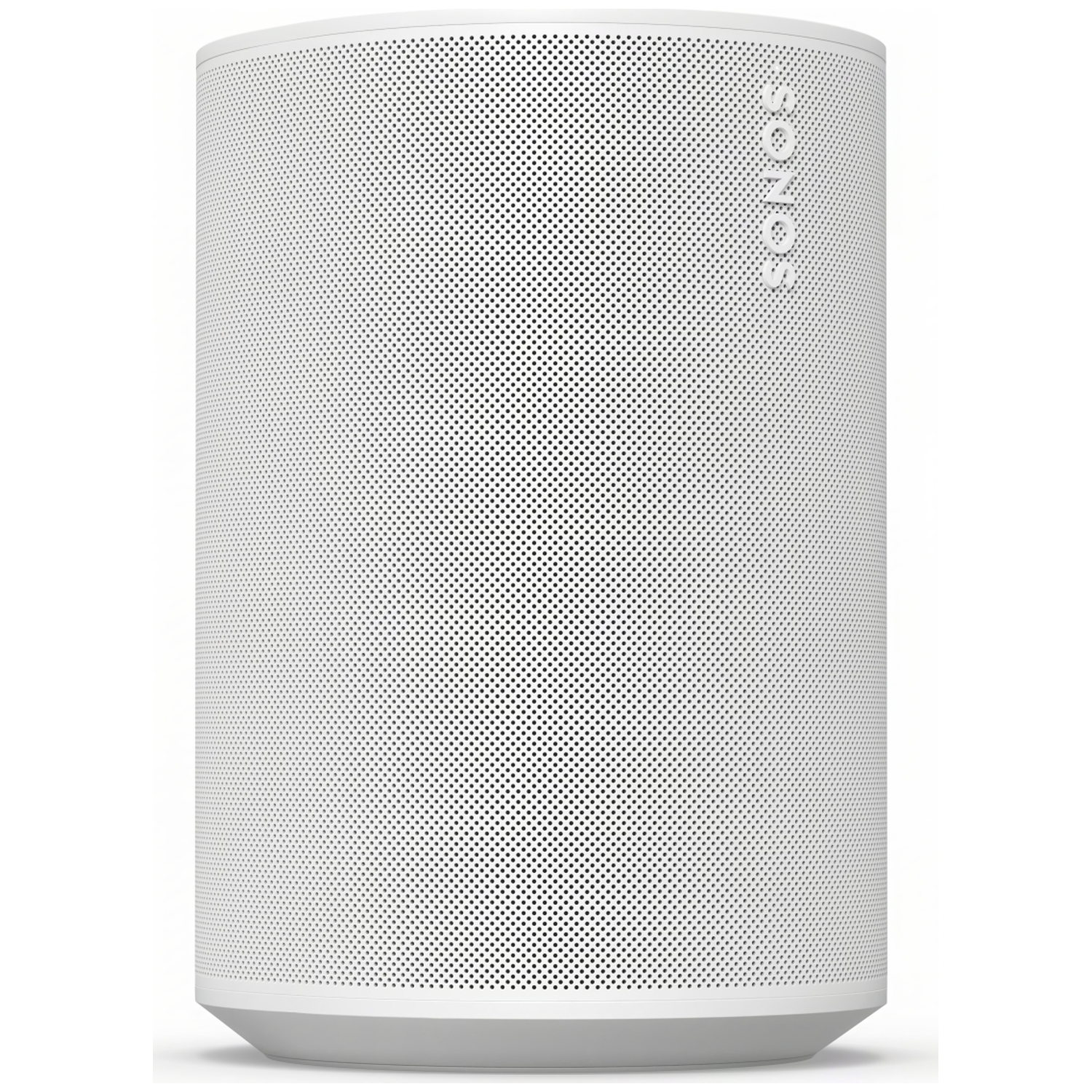 Witte cilindrische Sonos-luidspreker met geperforeerd rooster en logo.