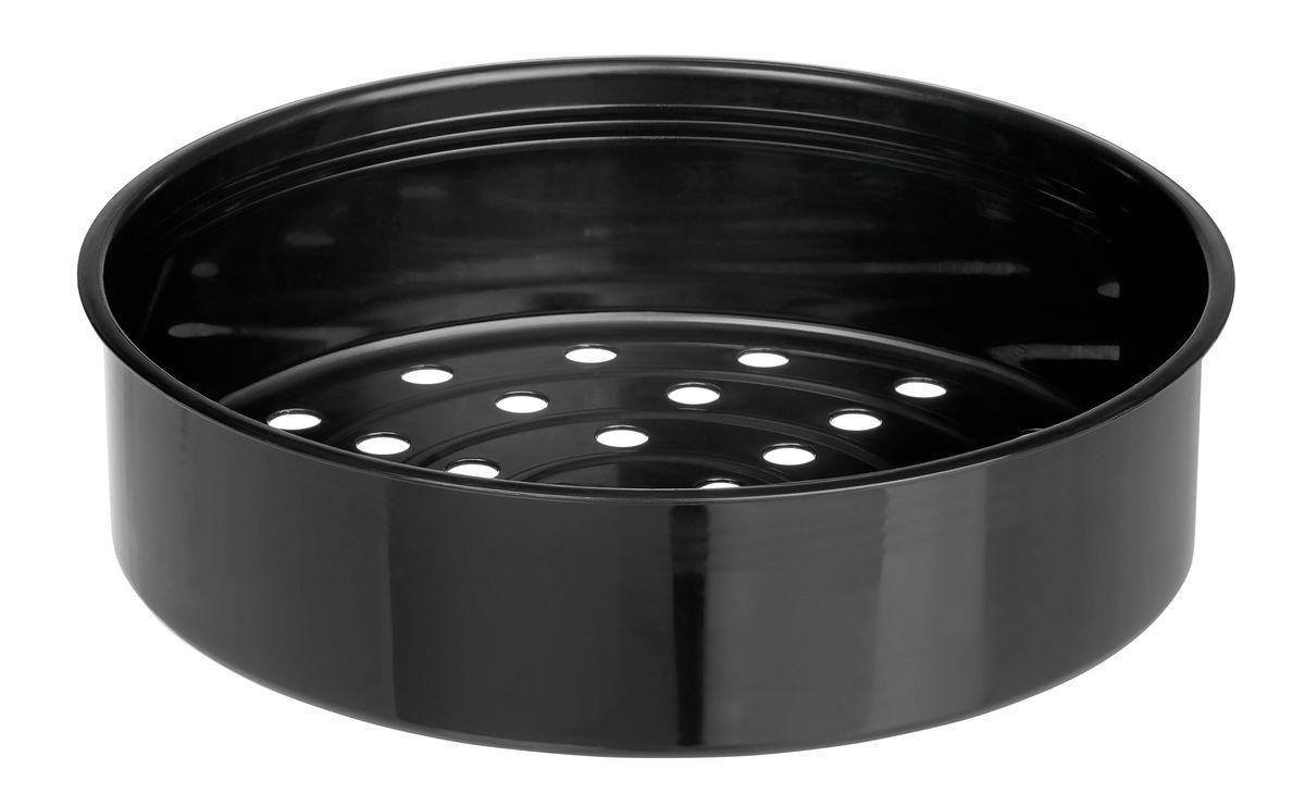 Ein schwarzer, zylindrischer Dampfkorb mit perforiertem Boden.