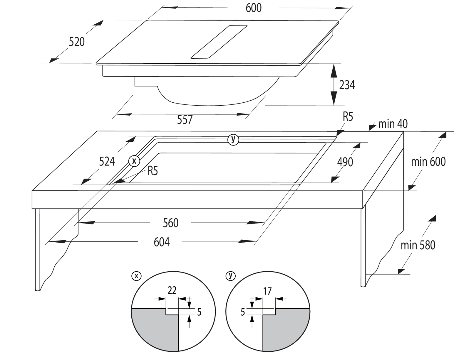 Diagramm a főzőlap telepítésének méreteit mutatja. Szélességre, mélységre és kivágásra vonatkozó méréseket tartalmaz.
