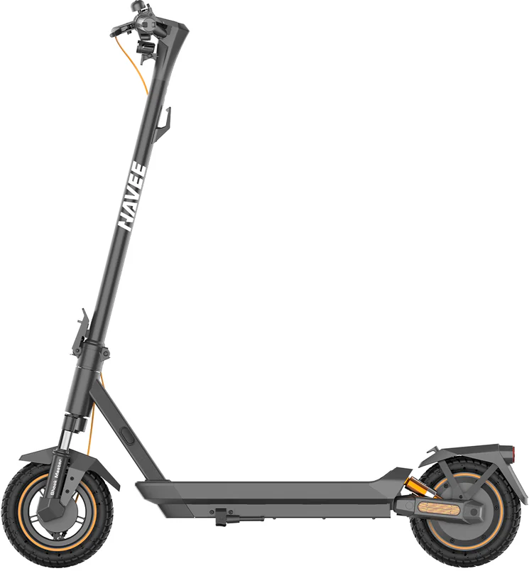 Uno scooter elettrico scuro con accenti arancioni e logo Navee.