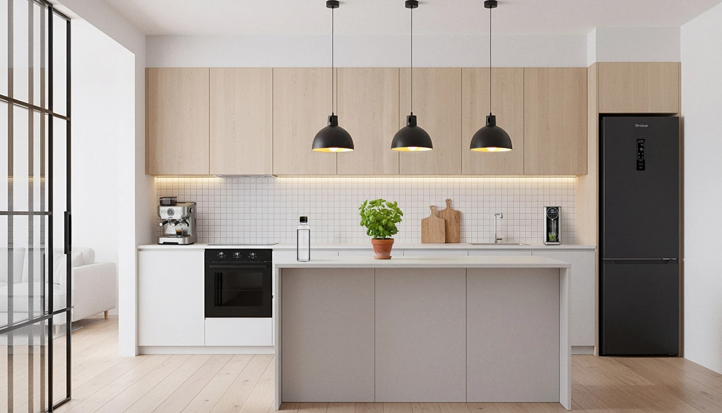Cucina moderna con frigorifero nero, mobili in legno e isola.