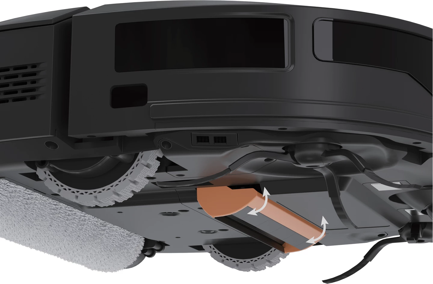 Parte inferiore di un robot aspirapolvere nero con spazzole e ruote.