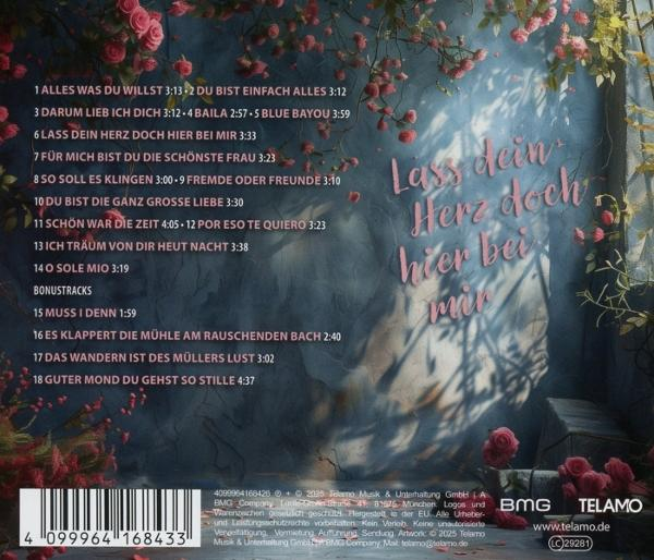 Album-Cover mit Rosen und Liedliste. Rosa Schriftzug: Lass dein Herz doch hier bei mir.