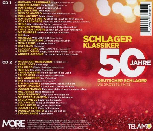CD-Cover mit Trackliste für 'Schlager Klassiker 50 Jahre Deutscher Schlager'.