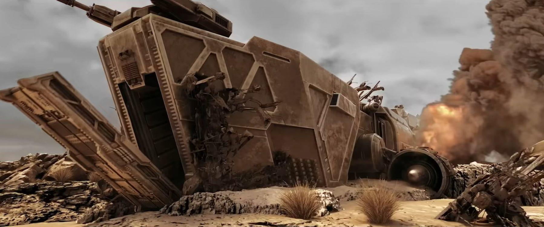 Ein zerstörtes, futuristisches Fahrzeug in einer Wüstenlandschaft mit einer Explosion im Hintergrund.